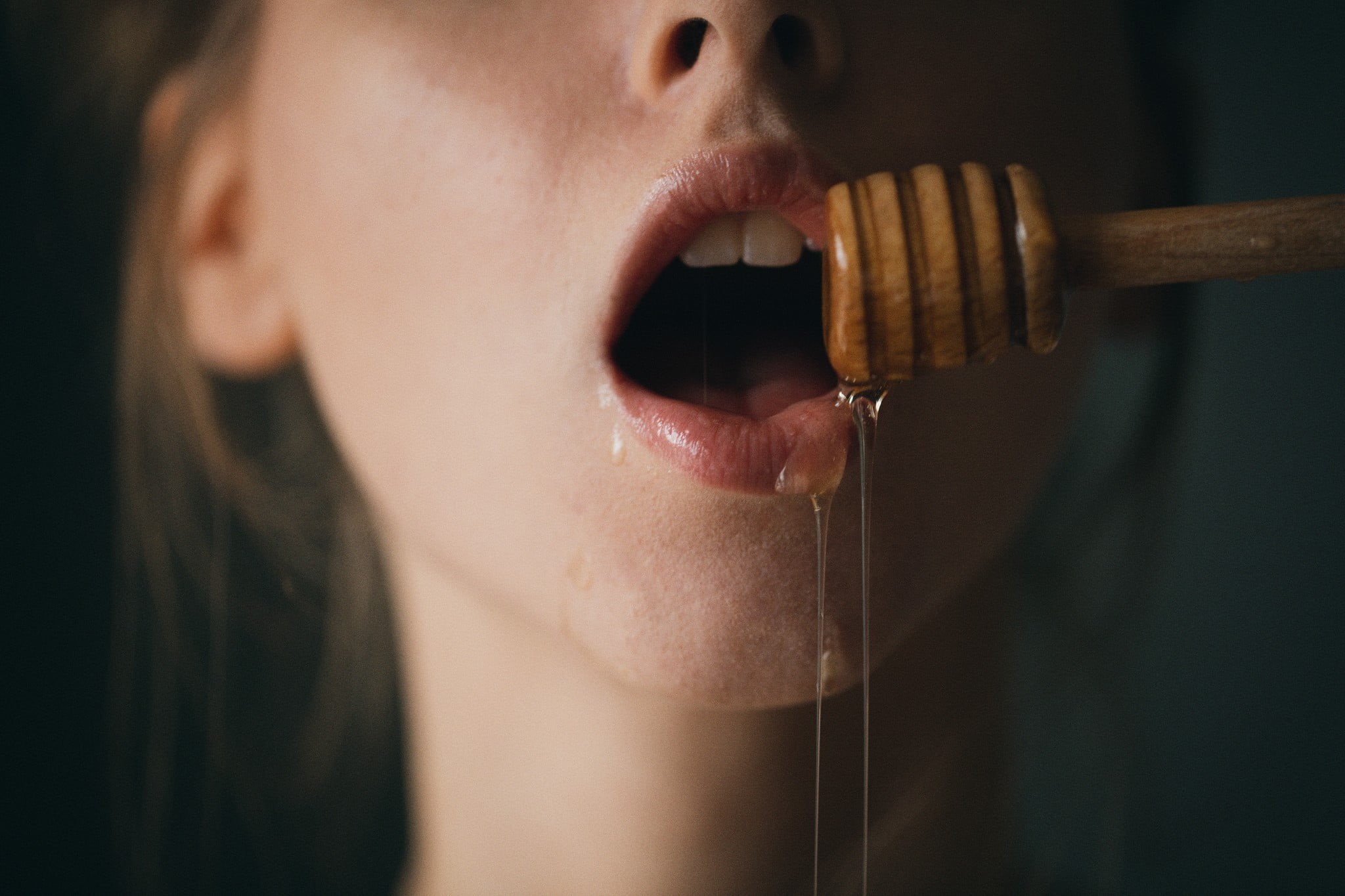 portrait, food, 1080P, adult, model, human face, close-up, brunette, honey, music, human lips, human mouth, honey dipper, headshot, focus on foreground, HD Wallpaper