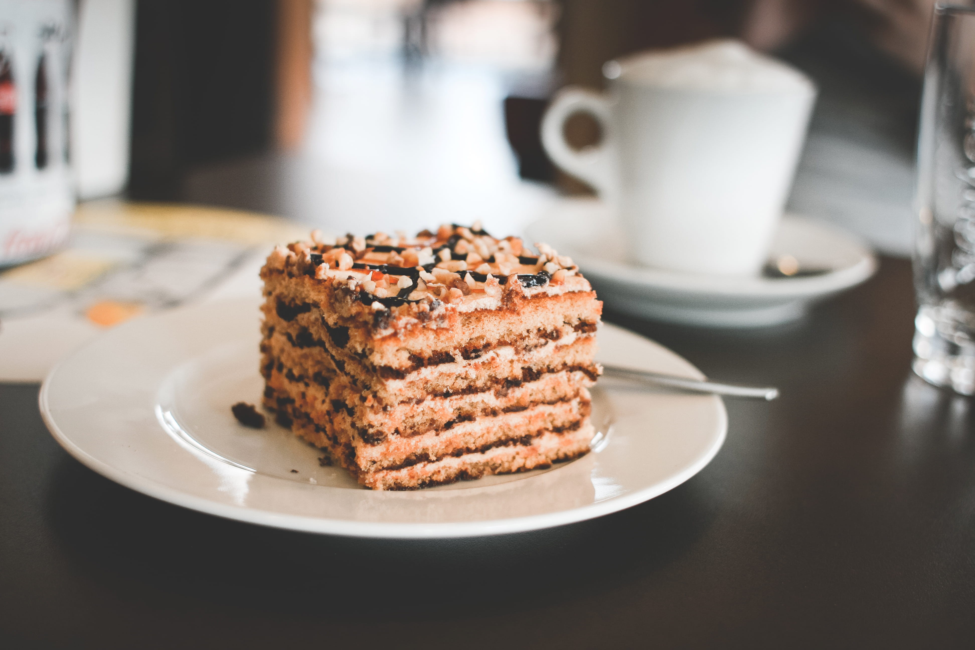 crockery, table, snack, baked, drink, close-up, Cake, kitchen utensil, food And Drink, eating utensil, temptation, honey cake, Honey, still life, dessert, HD Wallpaper