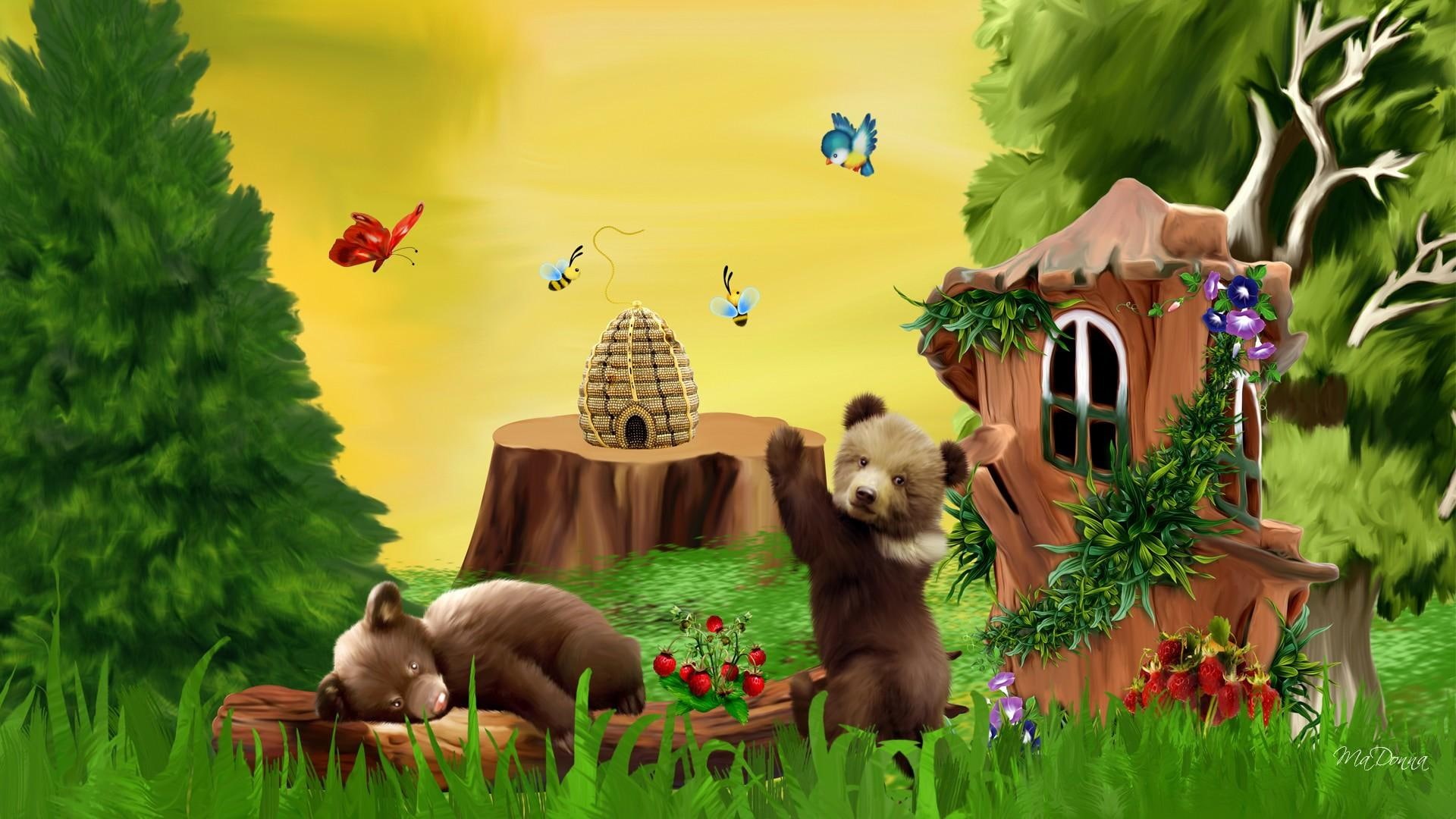 butterflies, 1080P, bees, light, blue bird, magic, whimiscal, strawberries, grass, honey, bears, woods, trees, honey comb, HD Wallpaper