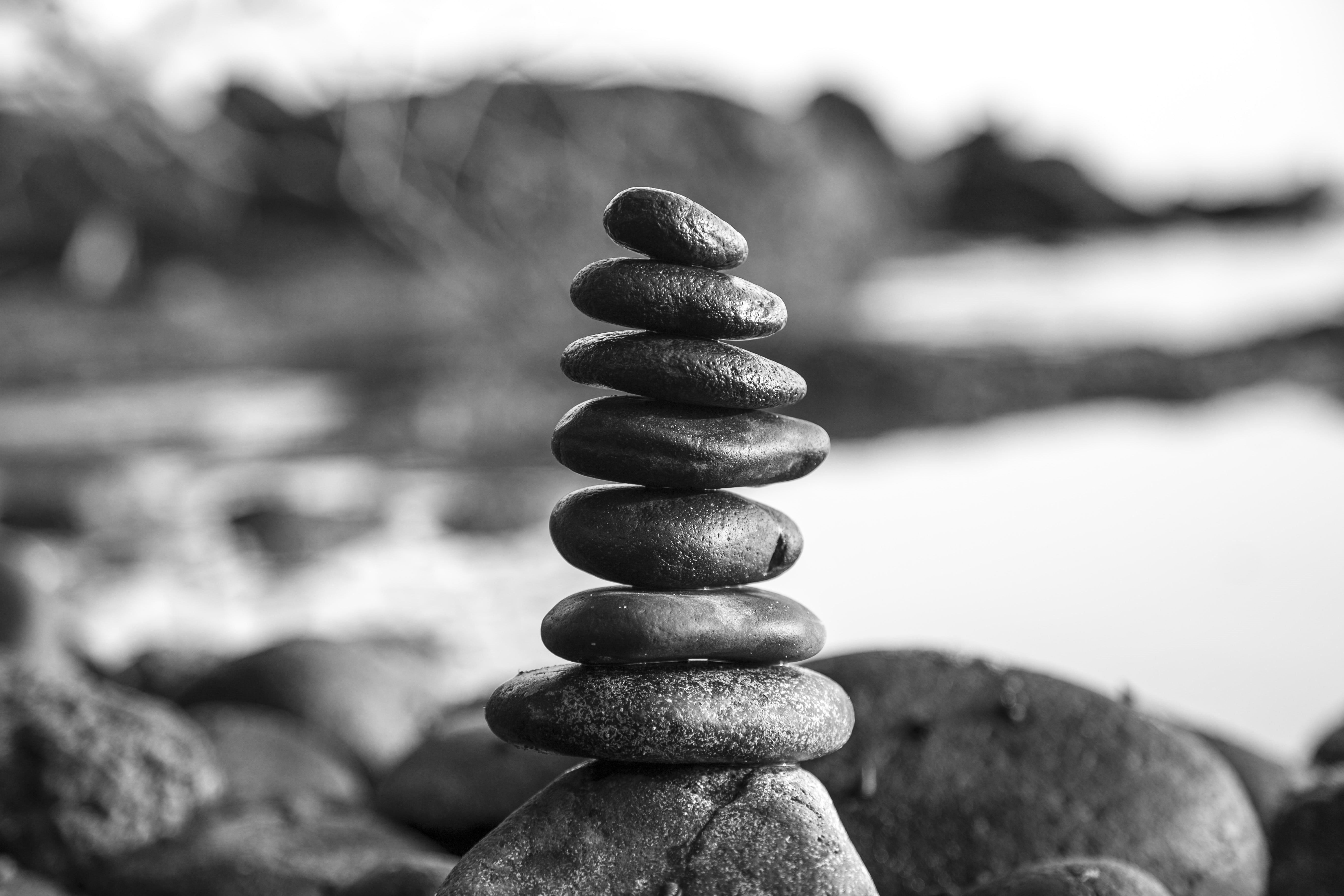 pile, tower, tranquil scene, rock, stones, stone, buddhism, photo, zen, monument, coast, grayscale, stone - object, 5K, no people, stacked, nature, stack, HD Wallpaper