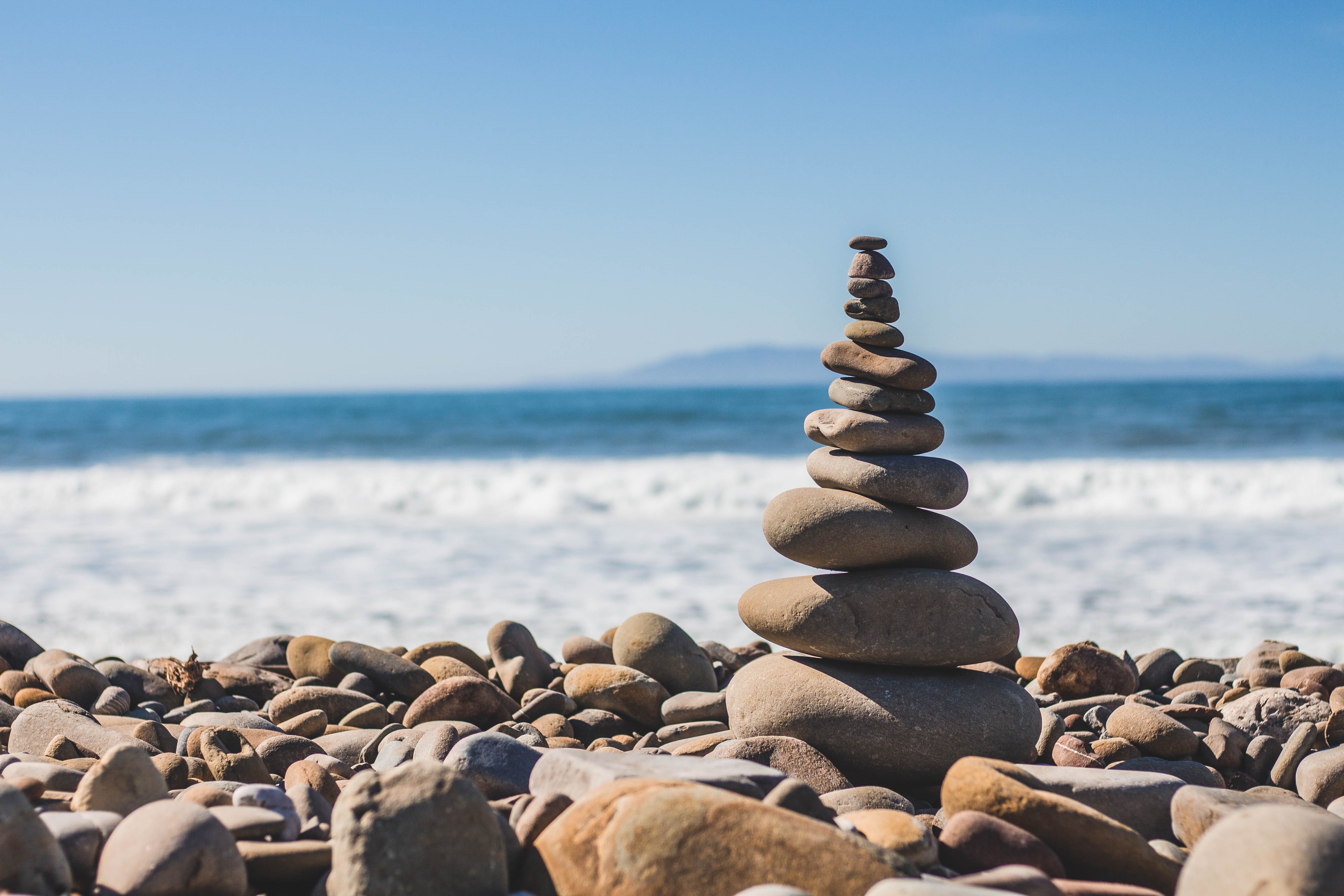rock - Object, land, stack, beauty in nature, zen-like, grey, summer, pebble, harmony, arrangement, horizon over water, rock, sea, stone, blue, sky, relaxation, HD Wallpaper