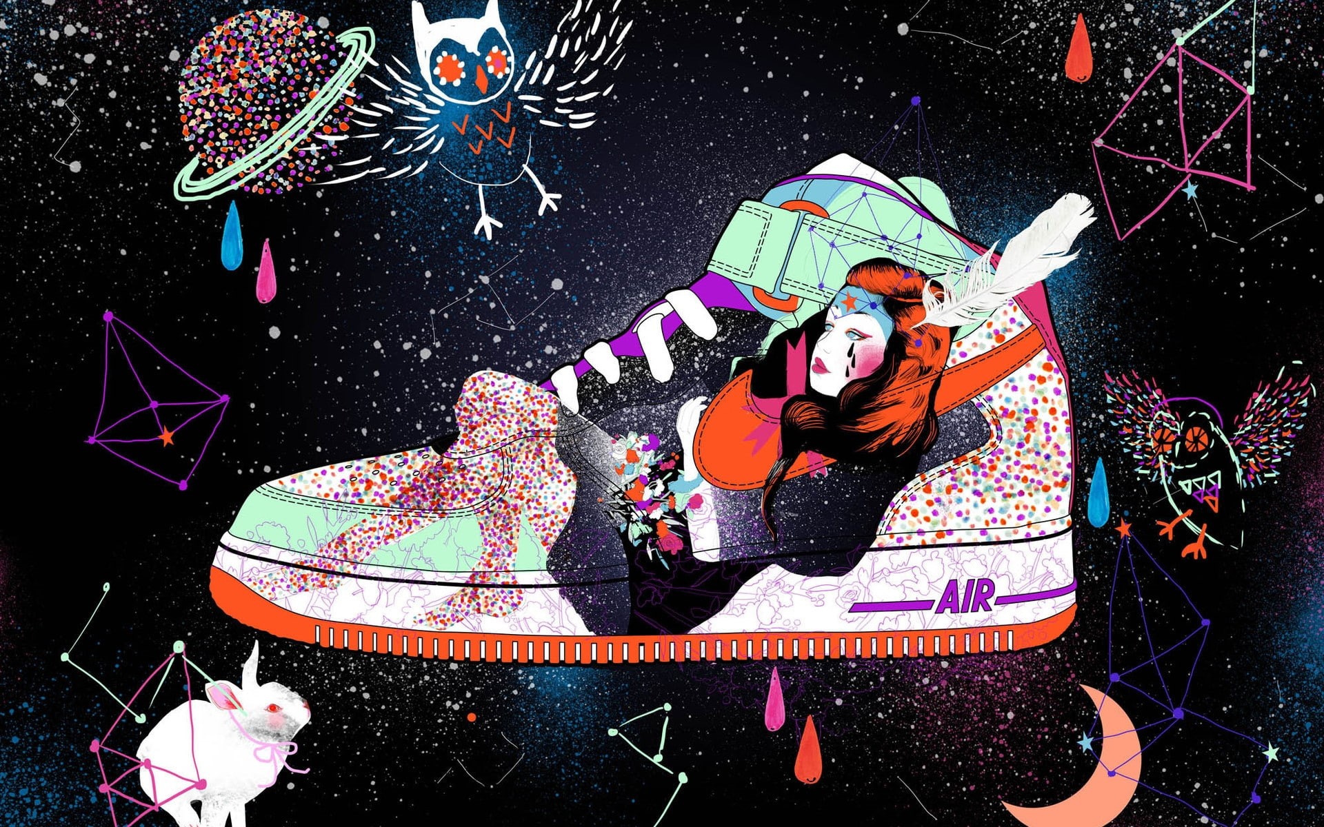 shoes, moon, floral, background, night, nike, stars, 1080P, air, HD Wallpaper
