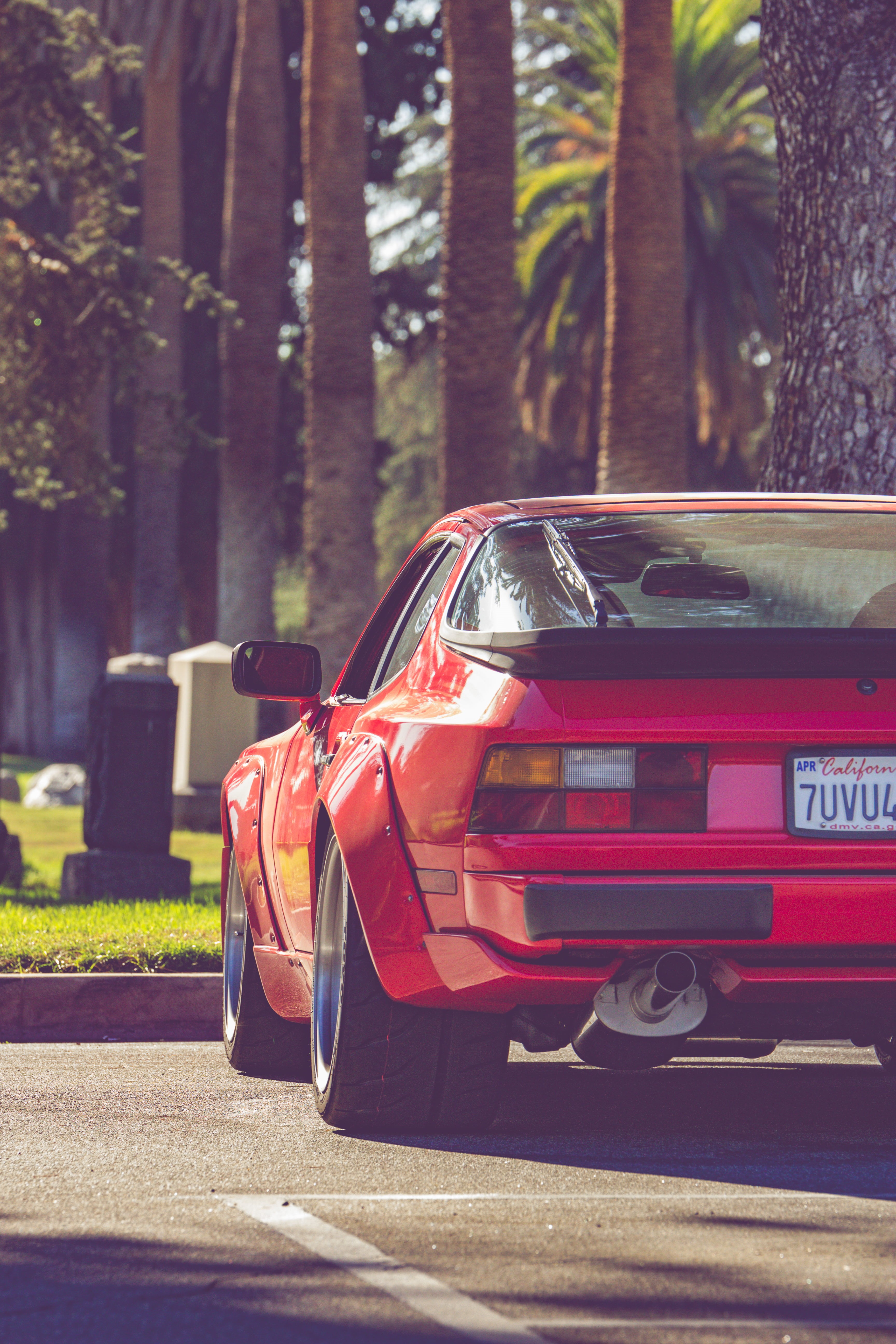 land vehicle, tree trunk, tree, Porsche, taxi, red, widebody, race cars, motor vehicle, sunlight, porsche 944, plant, no people, transportation, yellow taxi, Phone HD Wallpaper