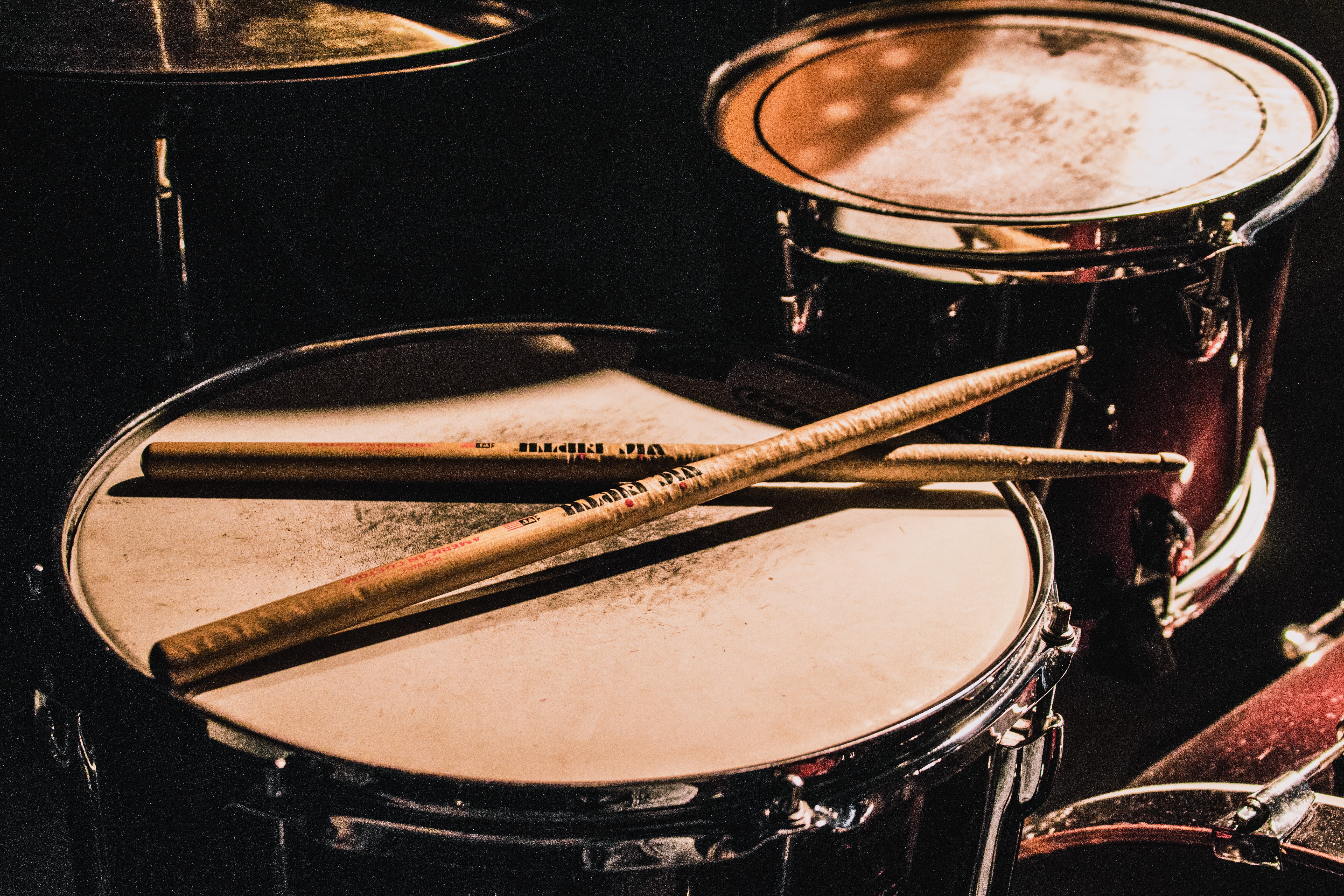 recording studio, playing, drumstick, drum kit, musical, close-up, white, 5K, drumsticks, cymbal, performance, pair, no people, musical instrument, brown, HD Wallpaper