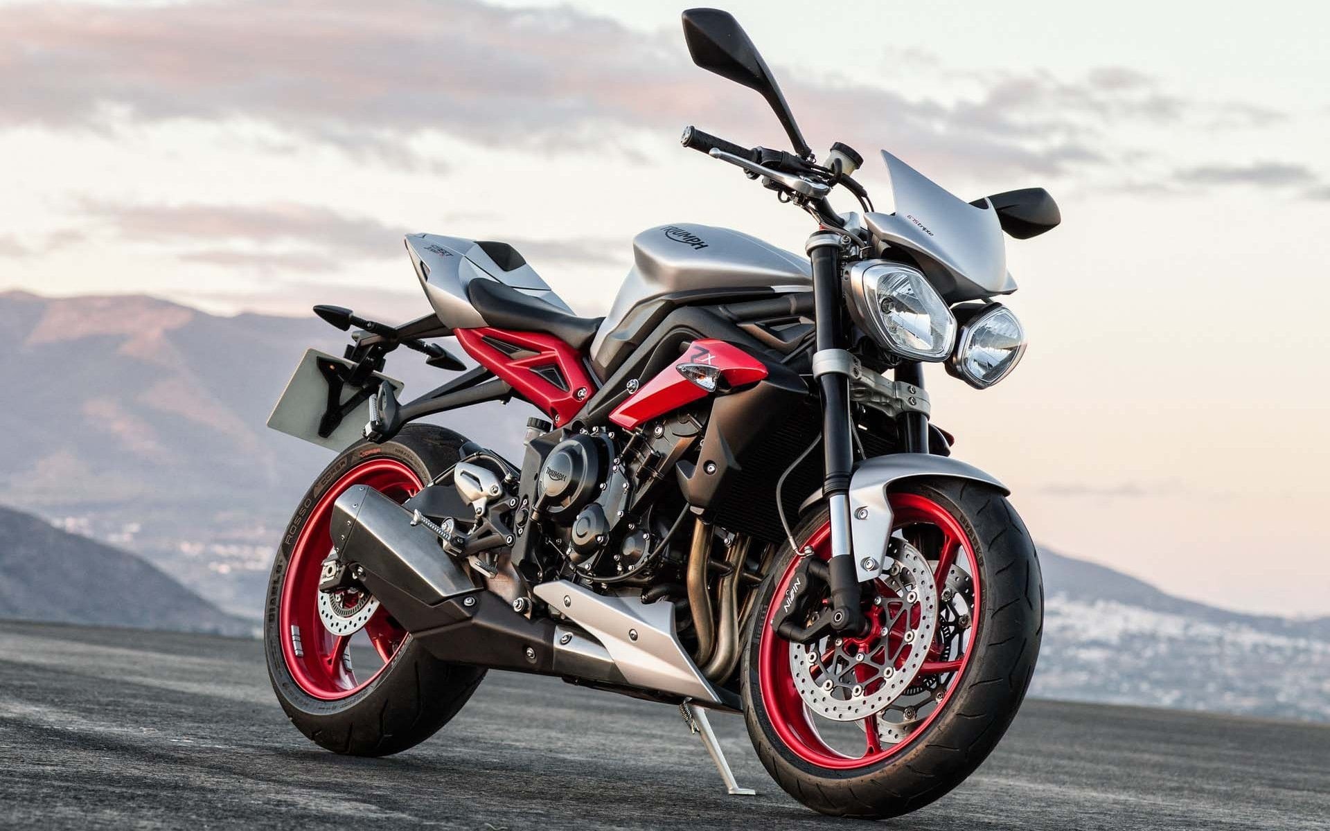 road, sunlight, red, bike, close-up, sport, triple, wheel, land, no people, mountain, helmet, nature, Triumph, 1080P, black, street, land vehicle, rx, HD Wallpaper