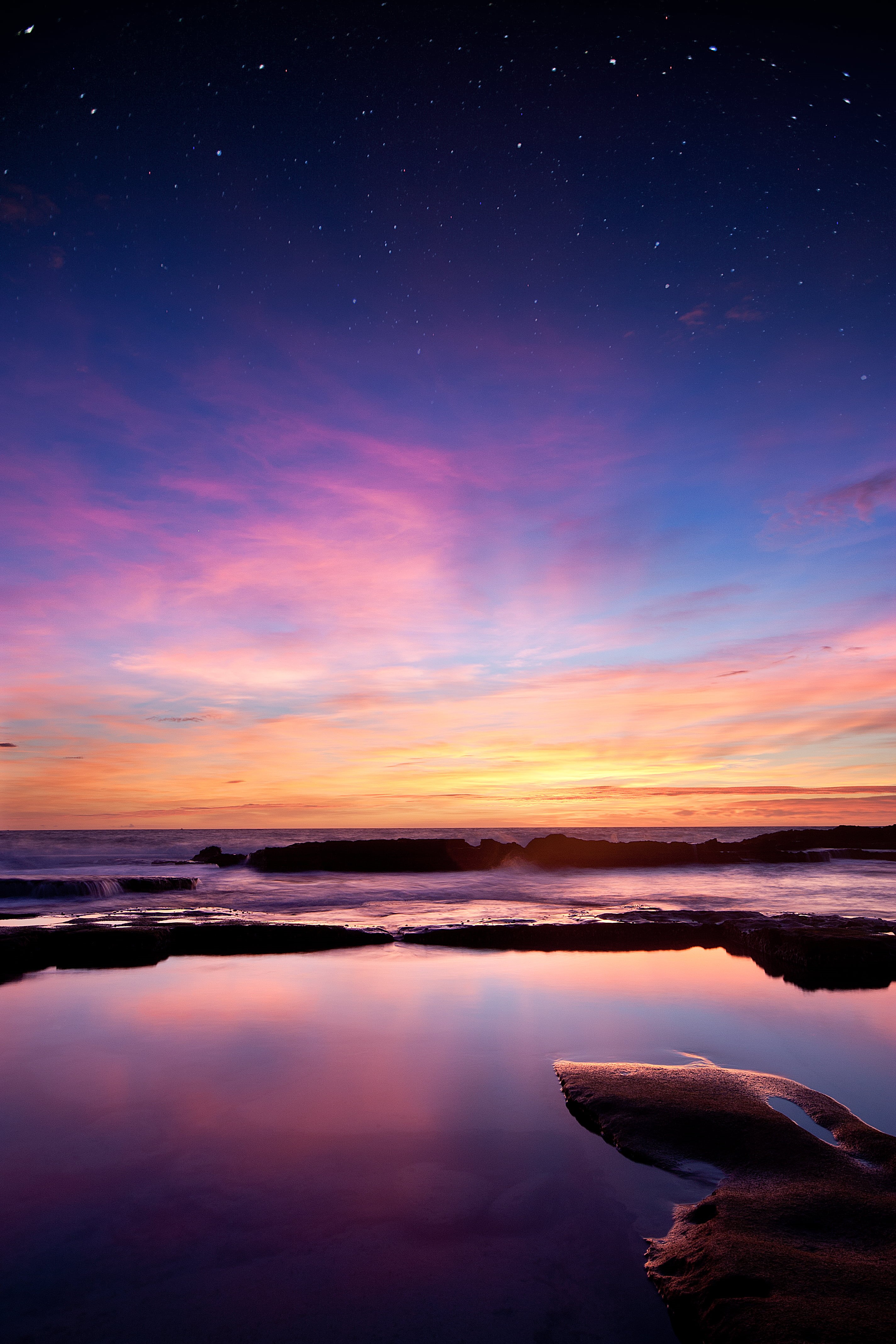 Majorca, Canon  450D, Sigma, skies, sea, scenics, nature, landscape, sky, night, starry, reflection, near, Sunset, Mallorca, 20mm, 4K, blue, dusk, water, Phone HD Wallpaper