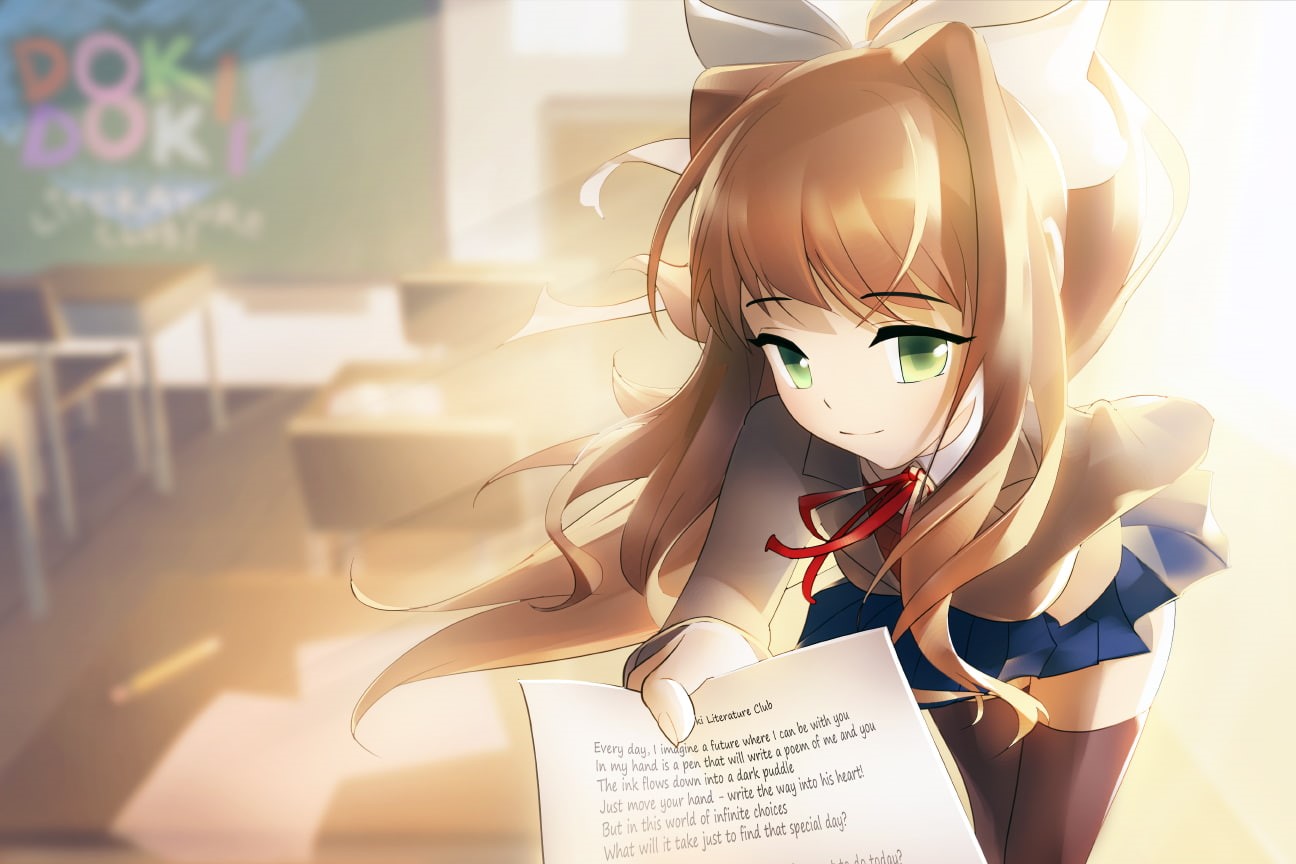 home interior, focus on foreground, paper, one person, Monika (Doki Doki Literature Club), women, nature, text, real people, ribbon, communication, representation, HD Wallpaper