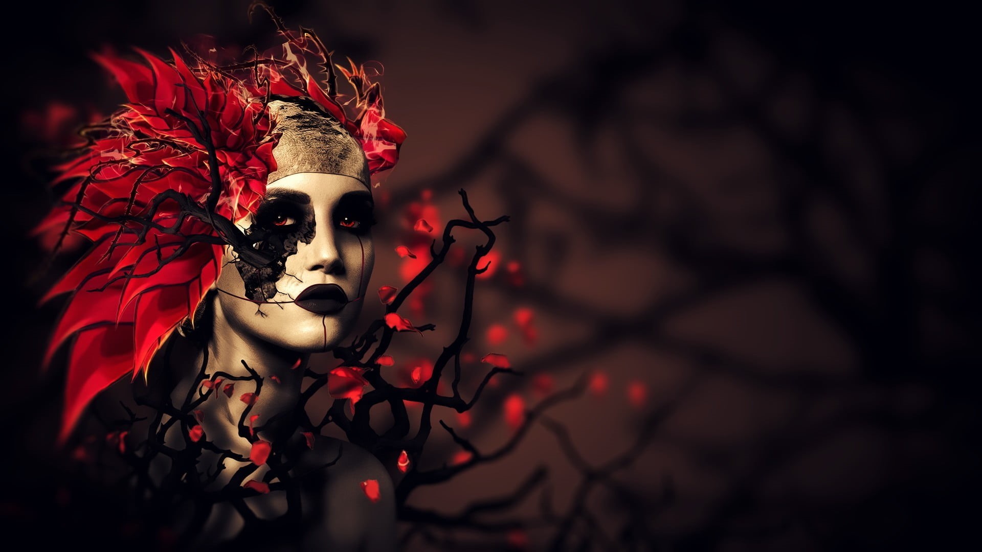 focus on foreground, close-up, 1080P, face, human representation, night, carnival - celebration event, no people, shadow, female likeness, art and craft, HD Wallpaper