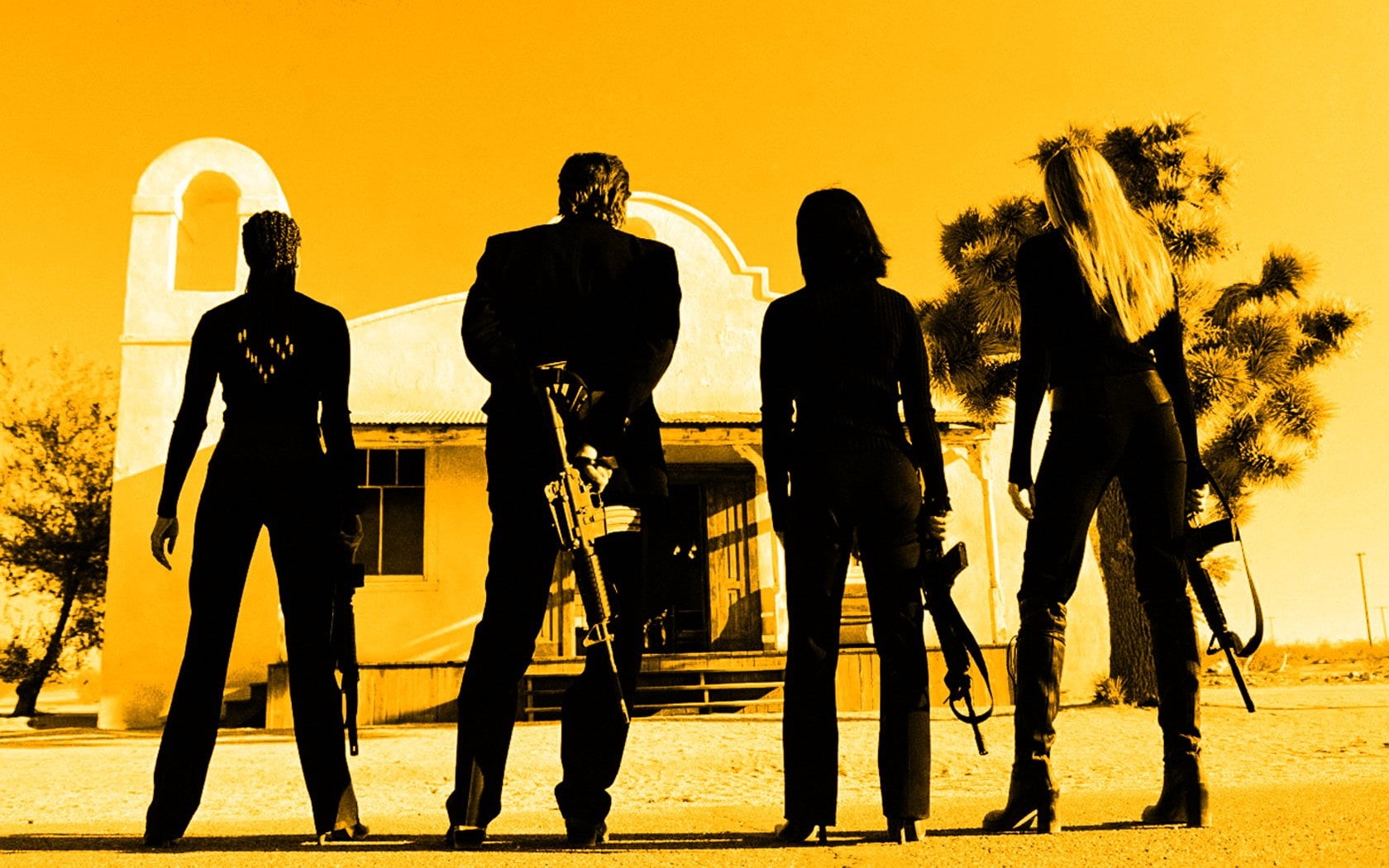 leisure activity, holding, men, Cast, Kill Bill, standing, yellow, outdoors, real people, rifles, illustration, four, 720P, full length, focus on shadow, HD Wallpaper