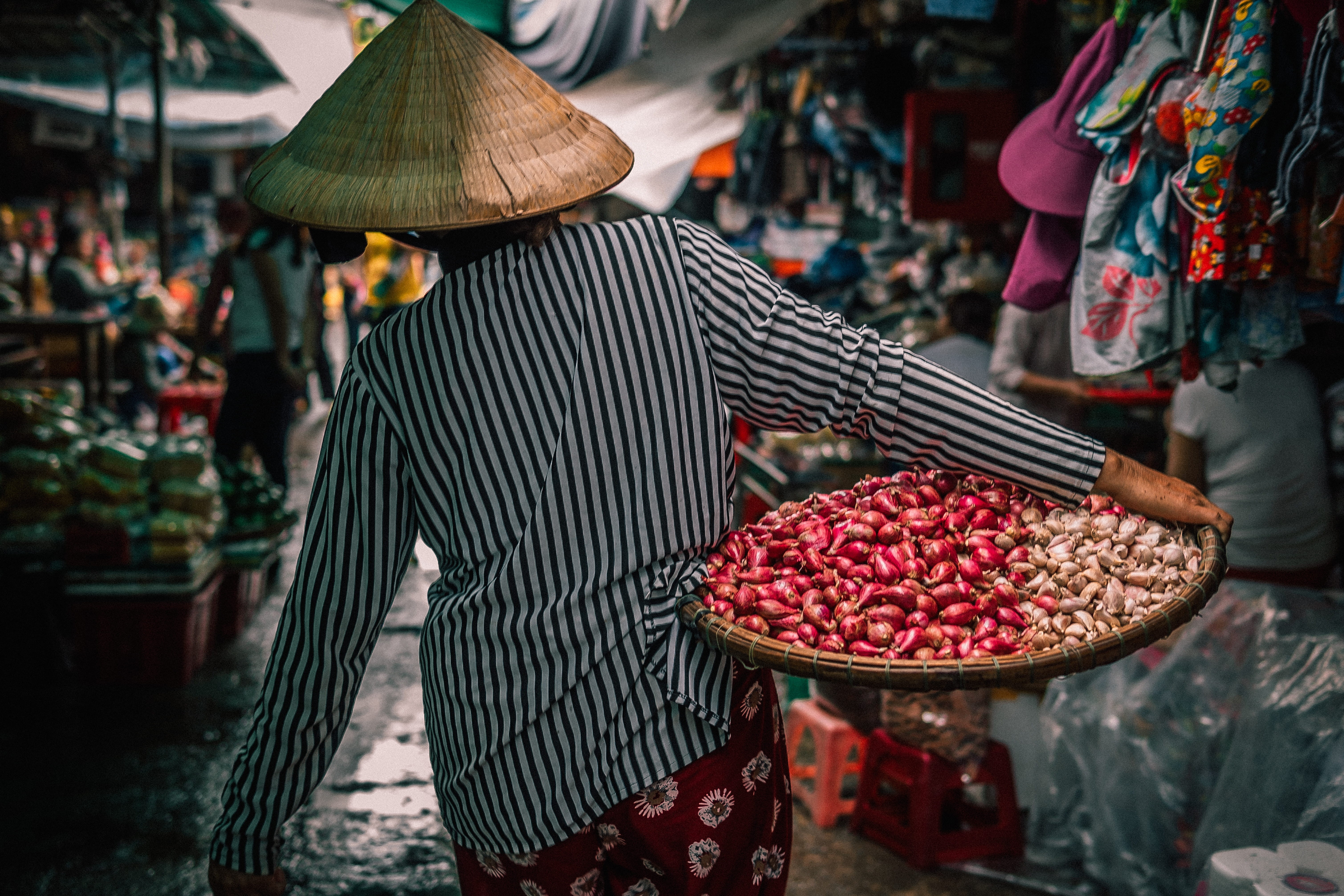 seller, carrying, focus on foreground, vegetable, cultures, adult, hat, basket, food, one person, store, selling, real people, 5K, asian, woman, occupation, HD Wallpaper