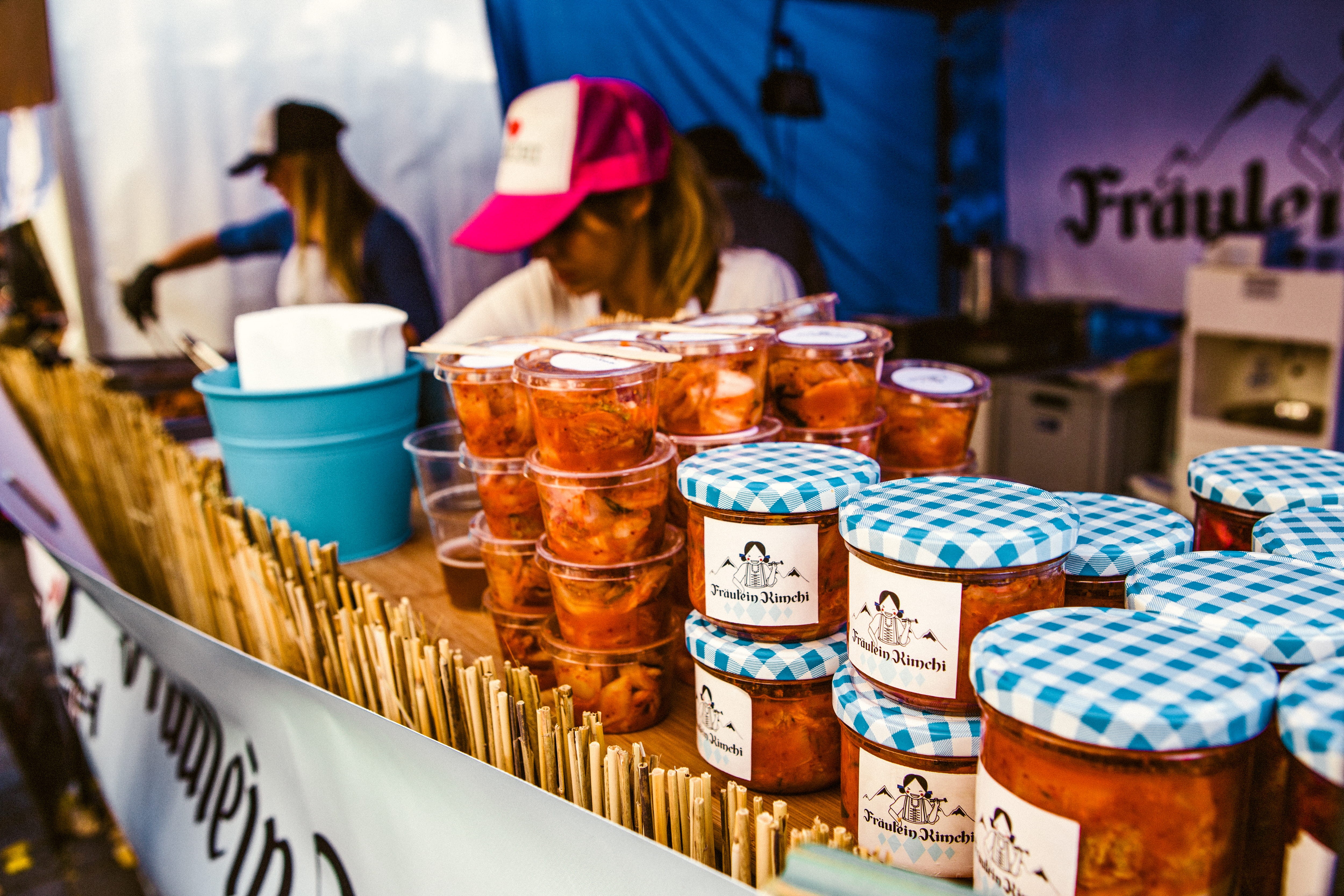 sell, market stall, table, variation, indoors, 4K, shop, day, in a row, containers, merchant, choice, canned, shelf, focus on foreground, woman, container, HD Wallpaper