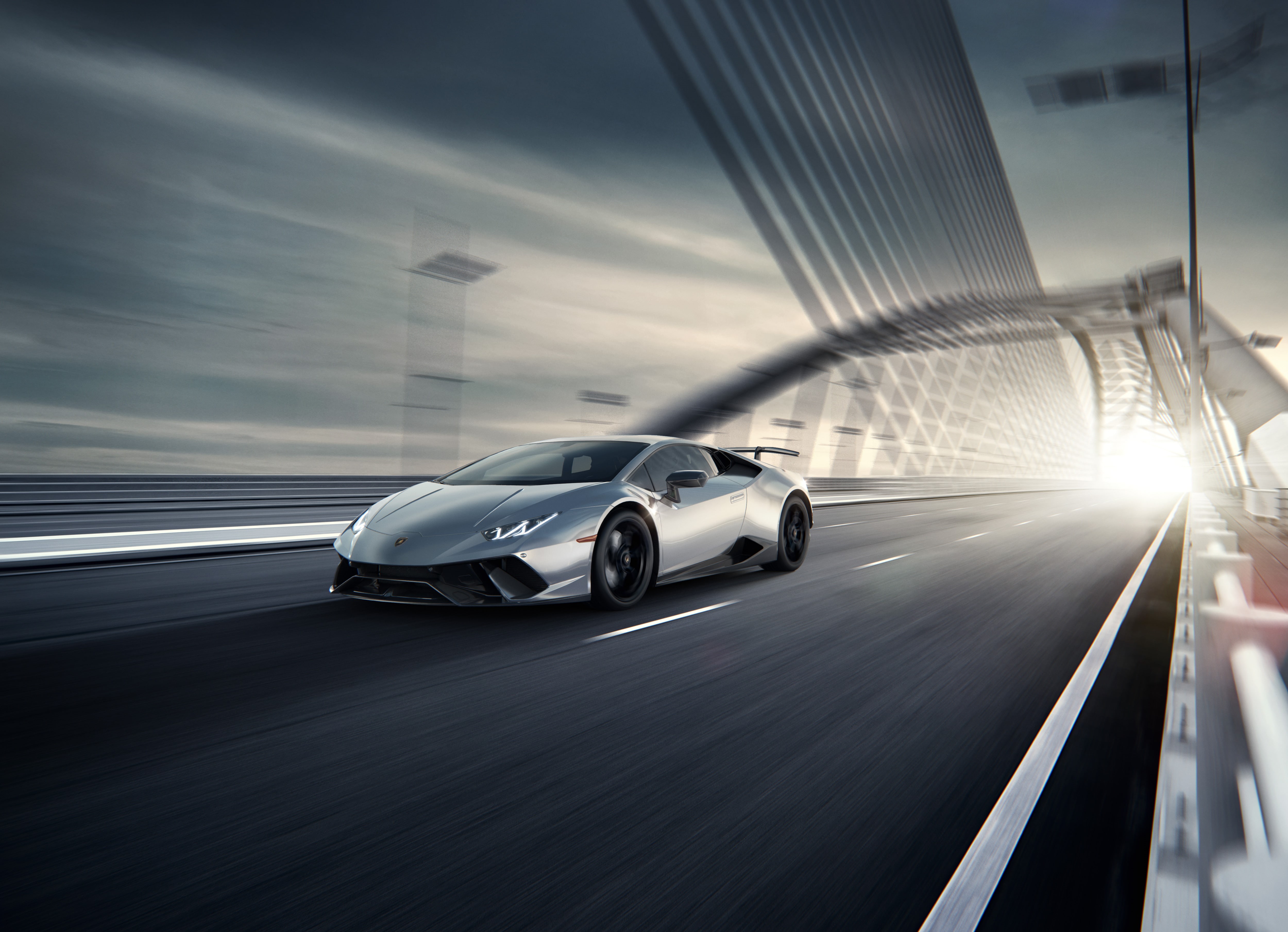 nature, Lamborghini Huracan Performante, luxury, land vehicle, sky, on the move, 4K, cloud - sky, blurred motion, silver colored, mode of transportation, HD Wallpaper