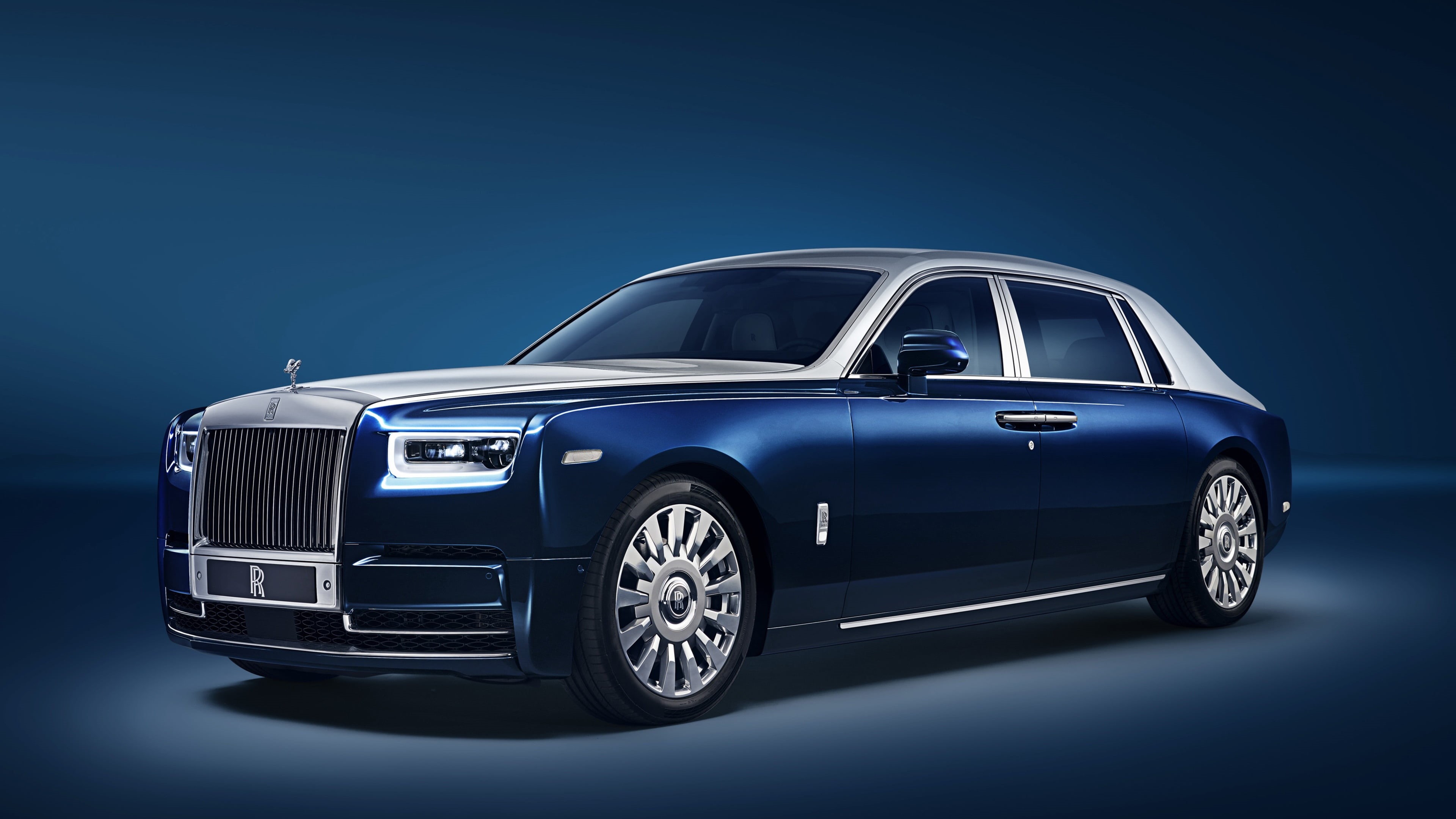 luxury, indoors, blue car, 2018, blue background, rolls royce, 4K, vintage car, land vehicle, wheel, silver colored, mode of transportation, rolls royce phantom, HD Wallpaper