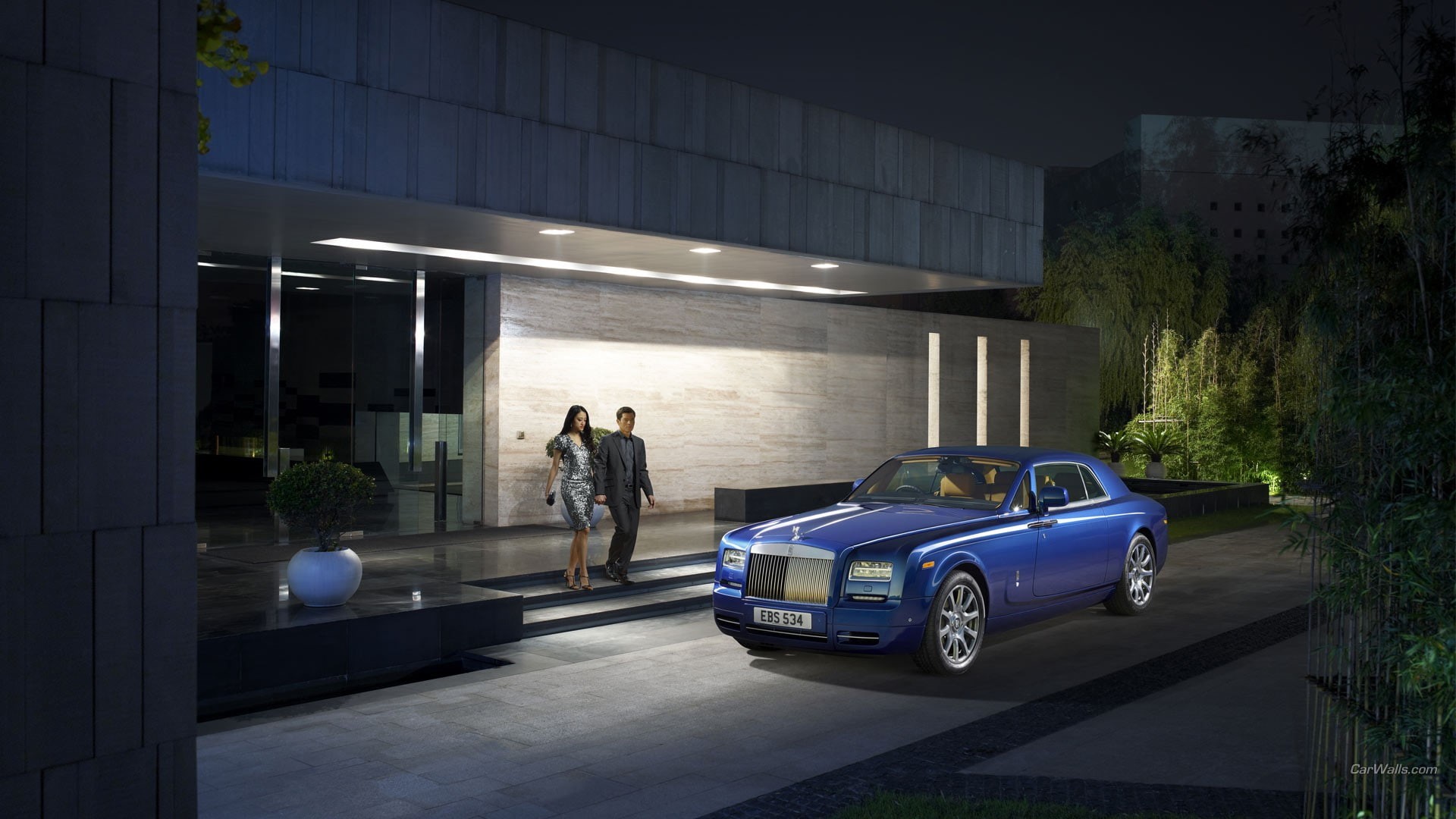 transportation, adult, land vehicle, blue cars, travel, night, motor vehicle, women, car, real people, Rolls-Royce Phantom, 1080P, lifestyles, full length, HD Wallpaper