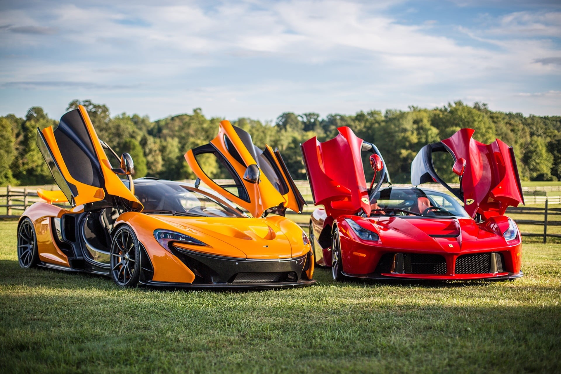 racecar, sky, car, land, ferrari, sports Race, field, speed, land Vehicle, coupes, orange color, no People, sports Car, sunlight, 1080P, auto racing, day, HD Wallpaper