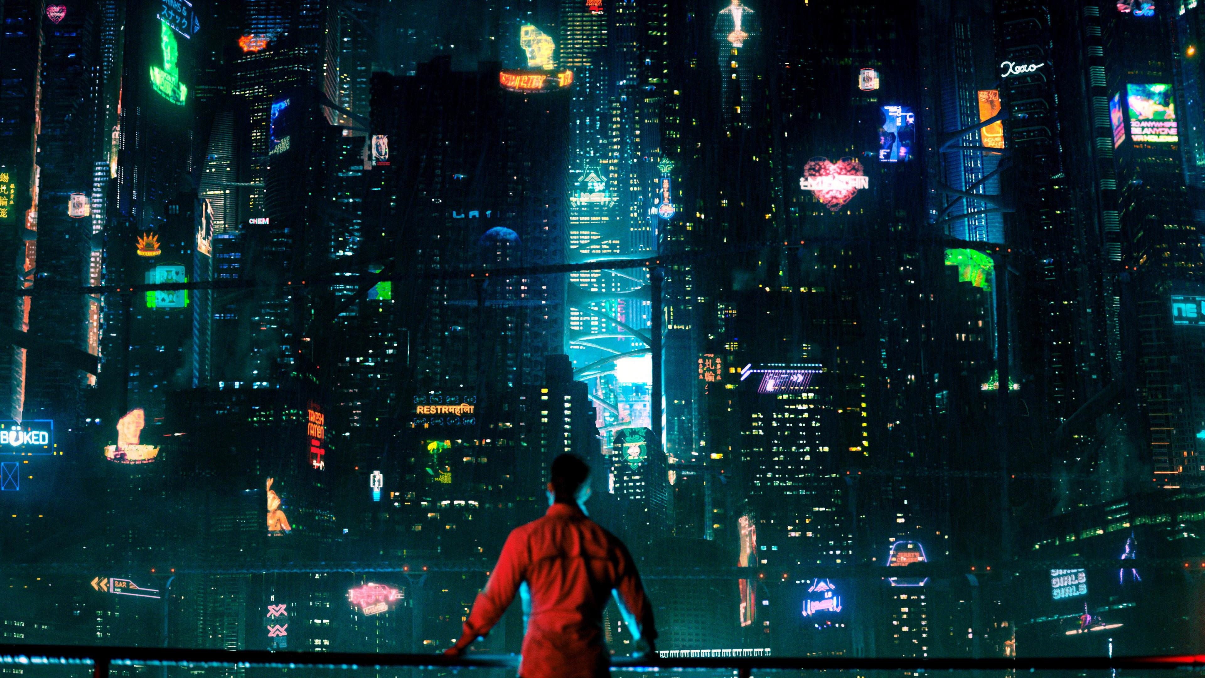 building exterior, illuminated, one person, outdoors, standing, rear view, waist up, financial district, city life, night, office building exterior, altered, HD Wallpaper