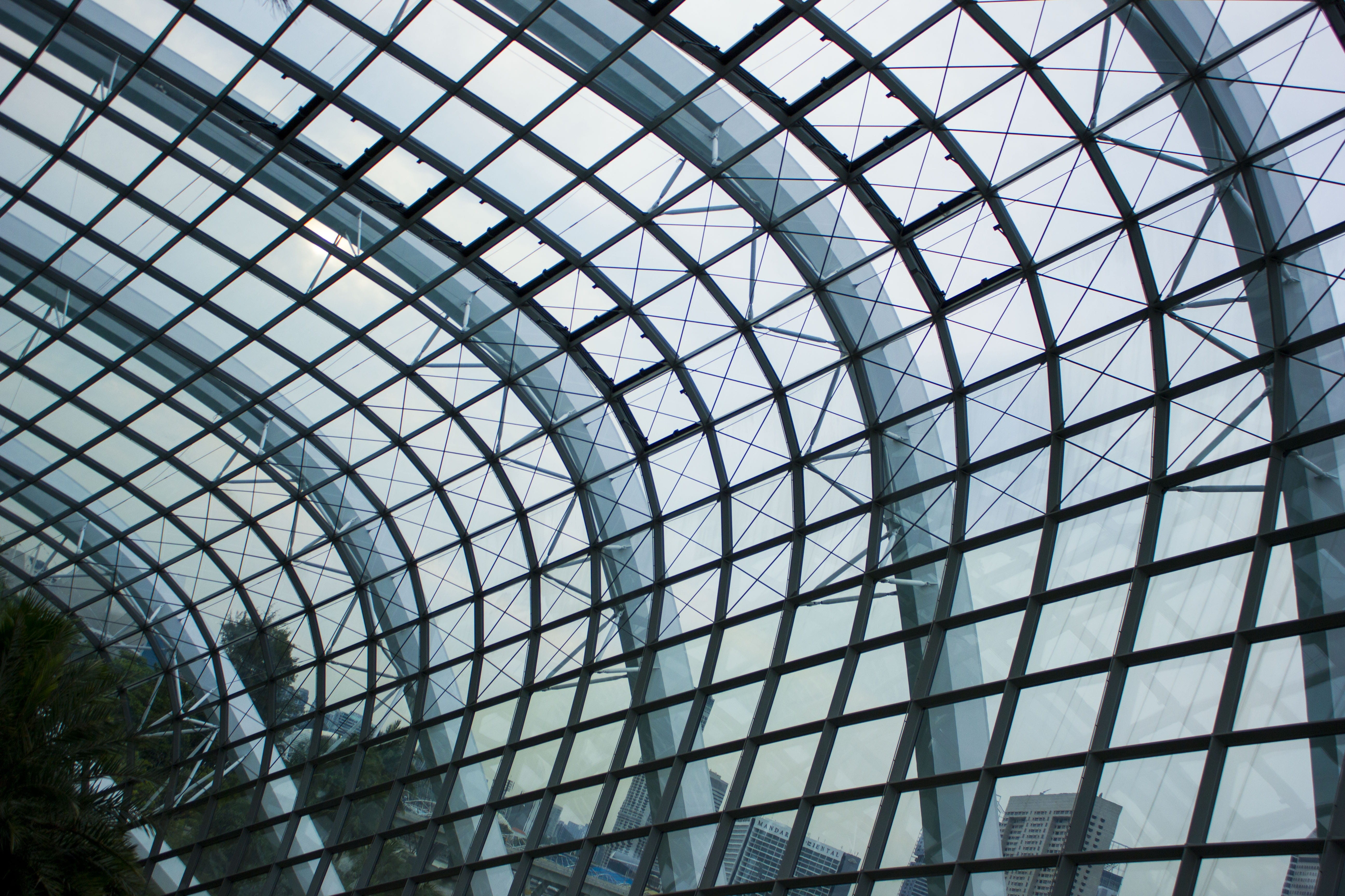 mesh, backgrounds, perforated, shape, design, steel, pattern, day, technology, city, metal, frame, windows, 5K, aluminum, full frame, low angle view, sky, HD Wallpaper