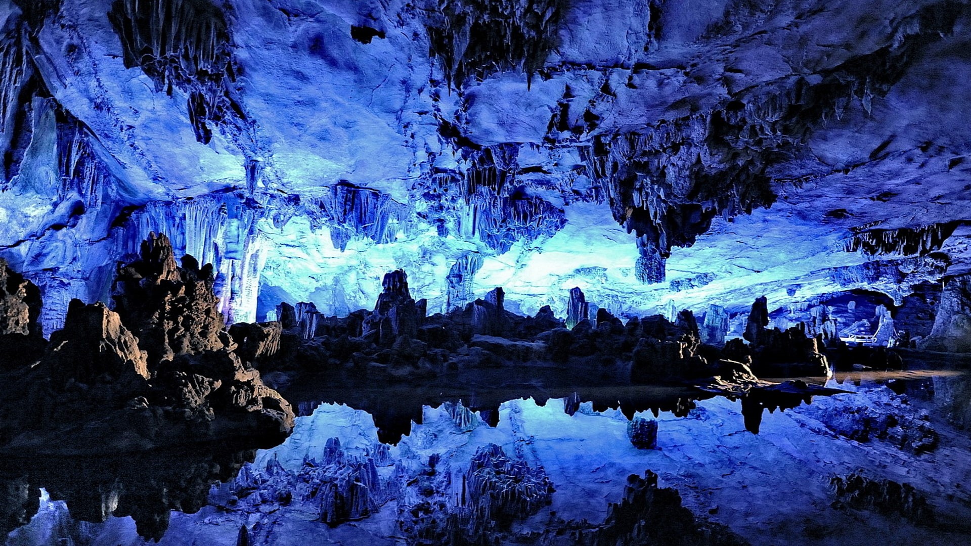 art, nature, Blue, Reflective, deep, 1080P, cave, beautiful, hd, dark, Stalactites, HD Wallpaper