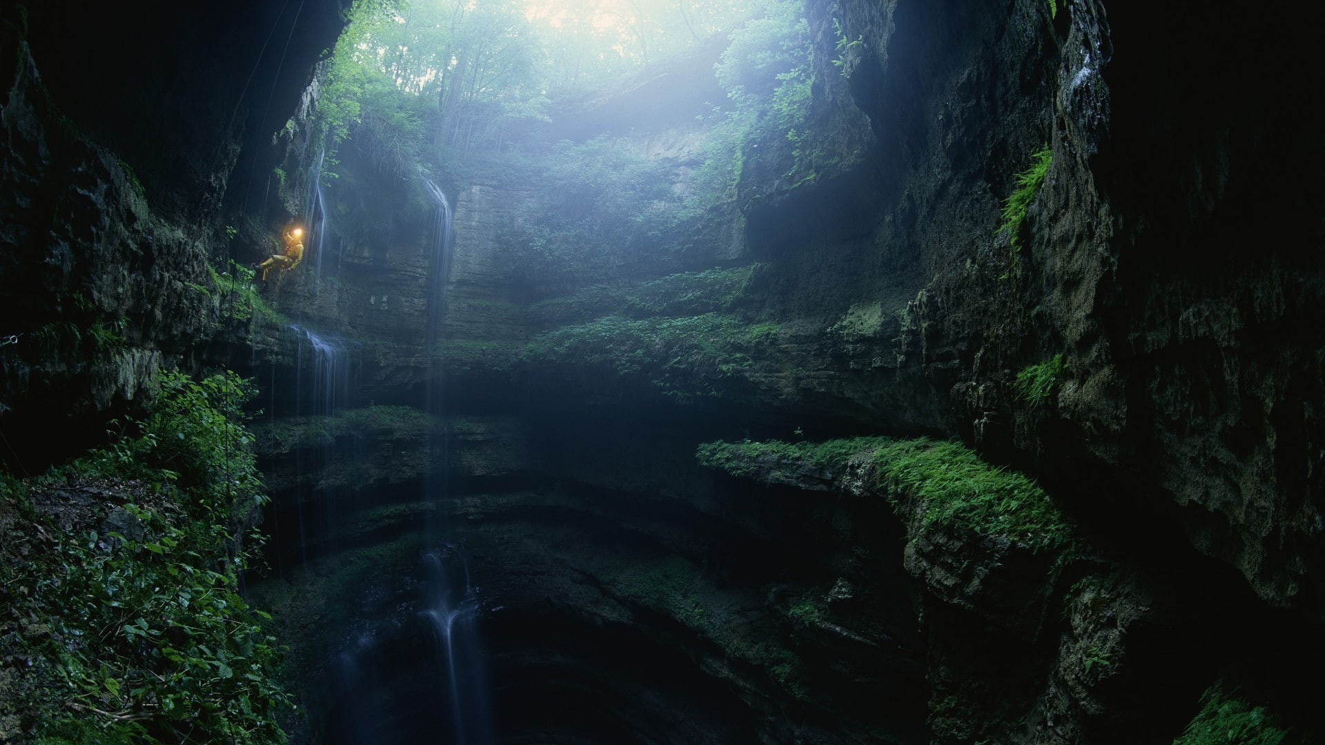 photography, man, air, adventure, exploration, open, cave, underground, open-air, river, rocks, mexico, stalactite, 1080P, HD Wallpaper