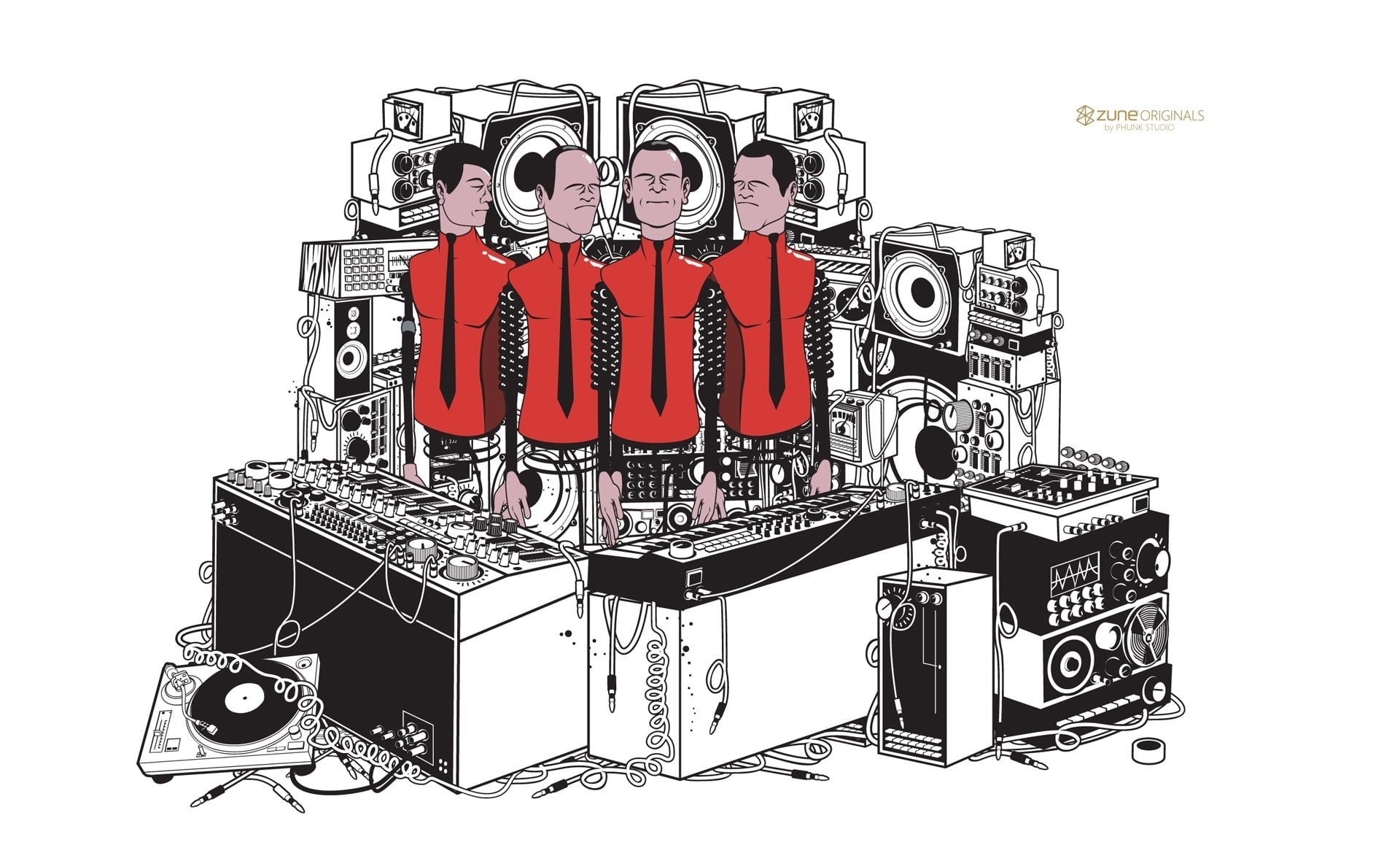 1080P, machinery, arrangement, illustration, cut out, group of objects, indoors, dj, black, white background, Vector Art, large group of objects, still life, HD Wallpaper