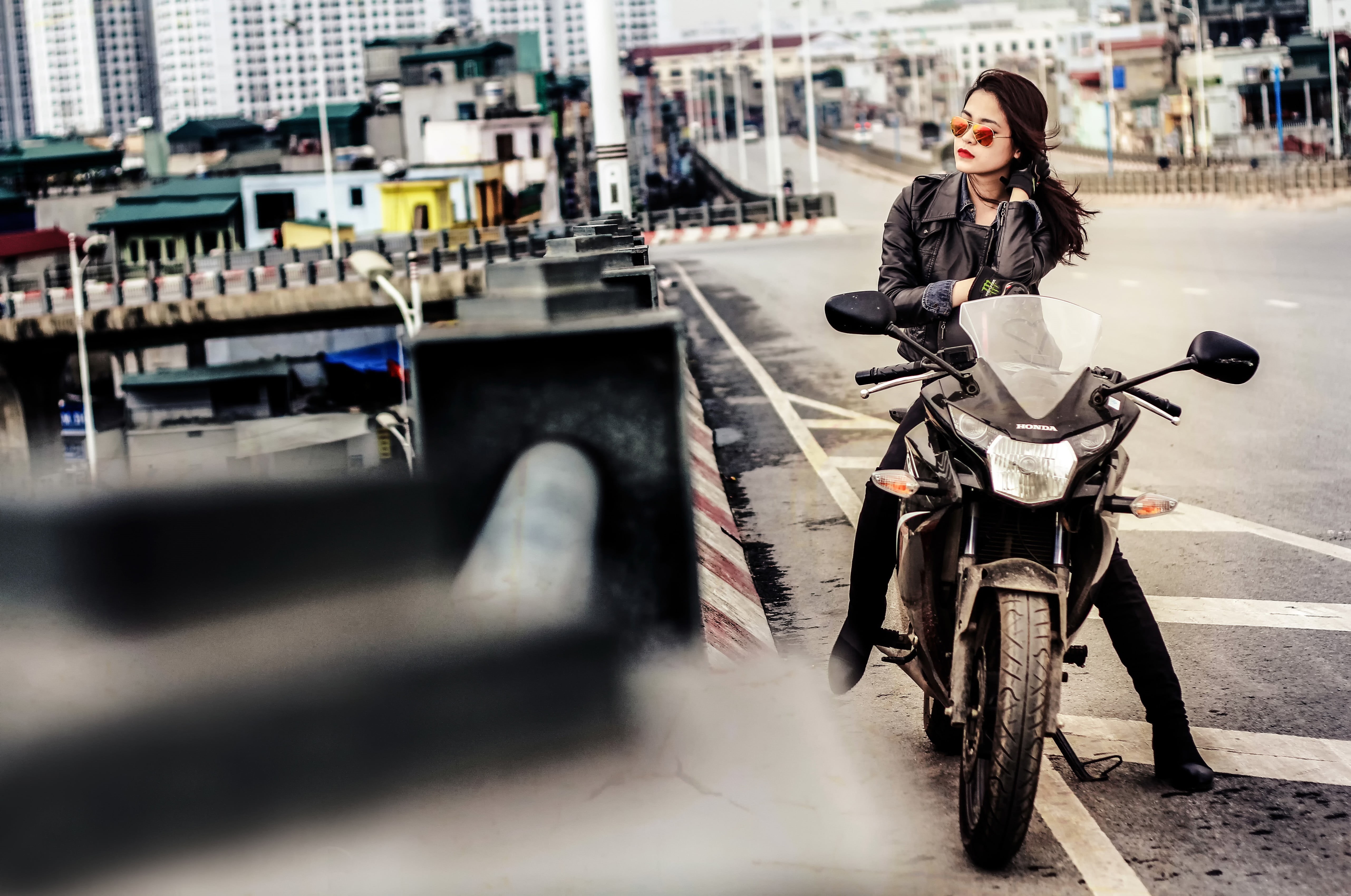 land vehicle, bicycle, leather jackets, one person, women, jacket, city, motorcycle, leather jacket, transportation, outdoors, adult, model, leather, Asian, HD Wallpaper