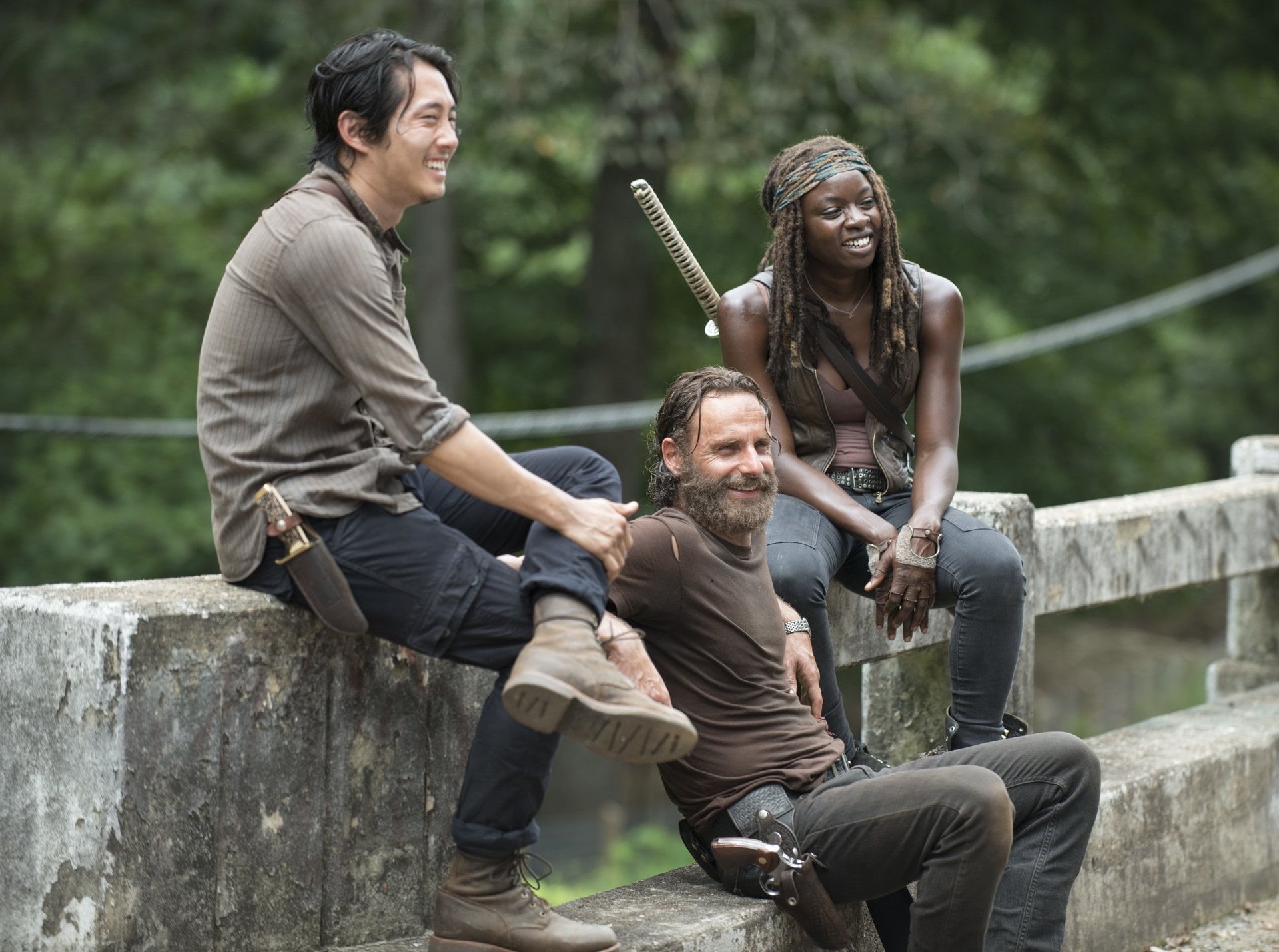 men, Danai Gurira, adult, smiling, women, Michonne (The Walking Dead), group of people, positive emotion, 1080P, lifestyles, three quarter length, front view, HD Wallpaper