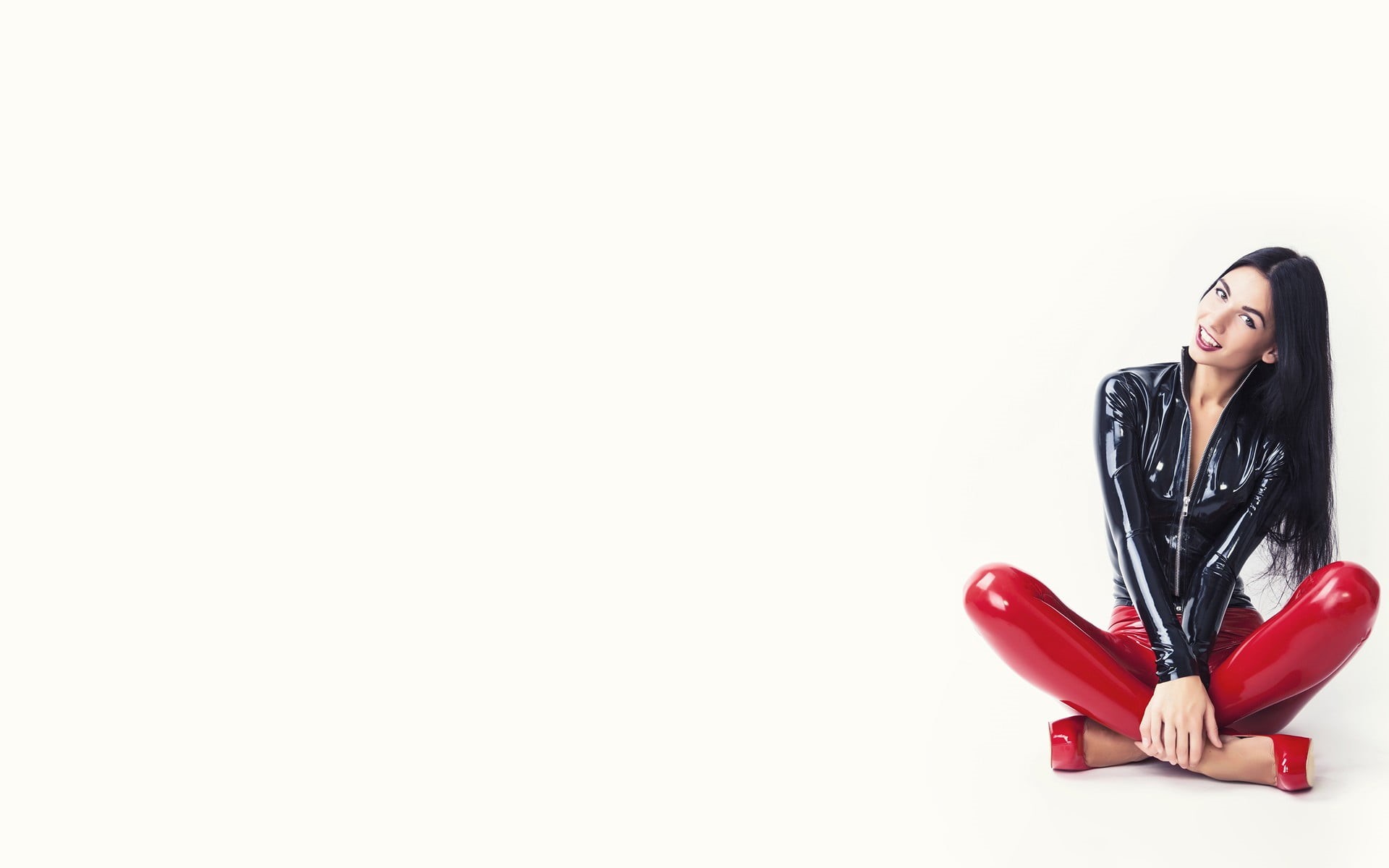 indoors, contemplation, leather, sitting, front view, red, young adult, one person, white background, lifestyles, brunette, studio shot, copy space, patent, HD Wallpaper