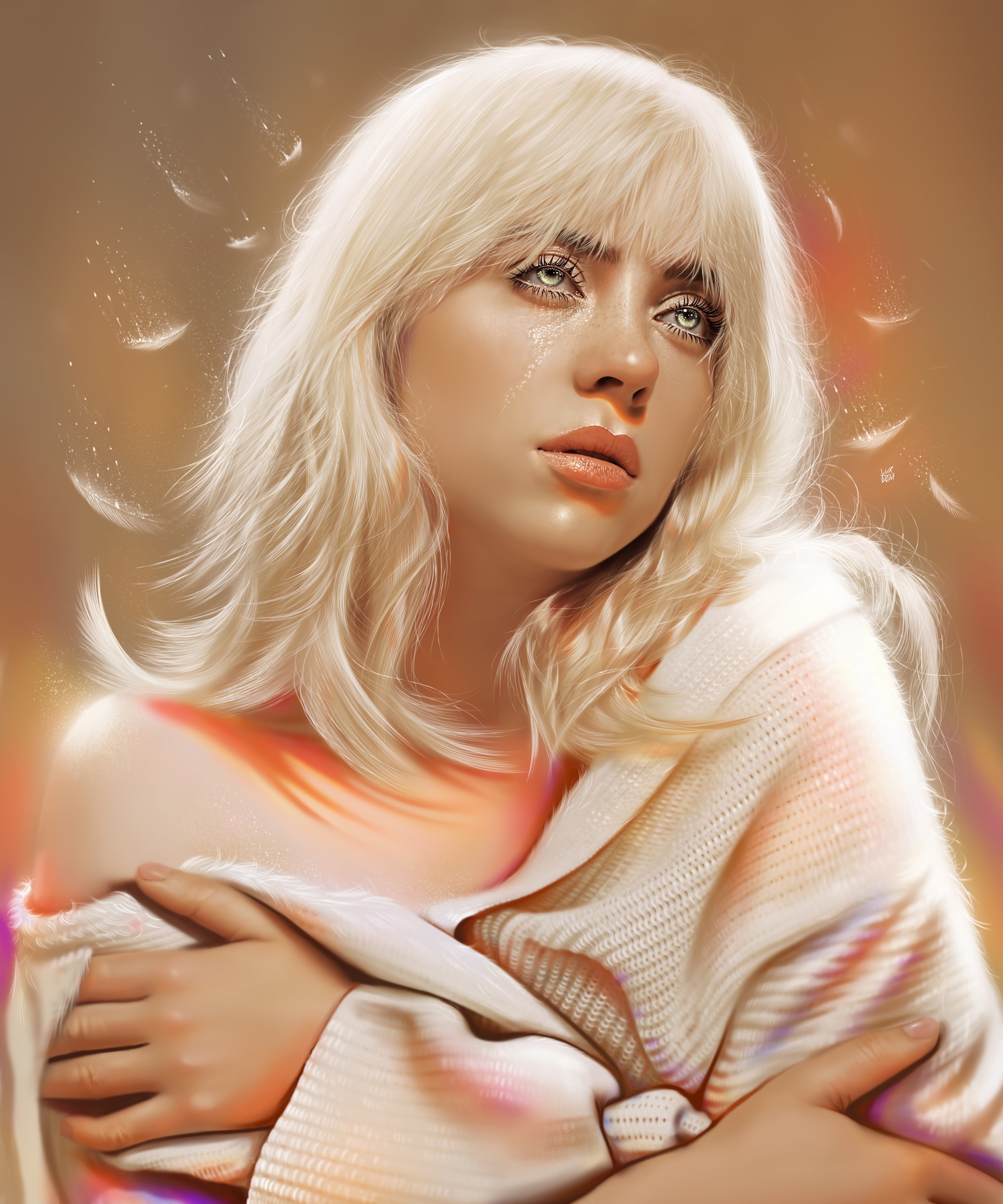 Songwriters, 4K, music, white hair, ArtStation, singer, Billie Eilish, blonde, portrait display, shoulder length hair, caressing, fan art, looking up, Phone HD Wallpaper