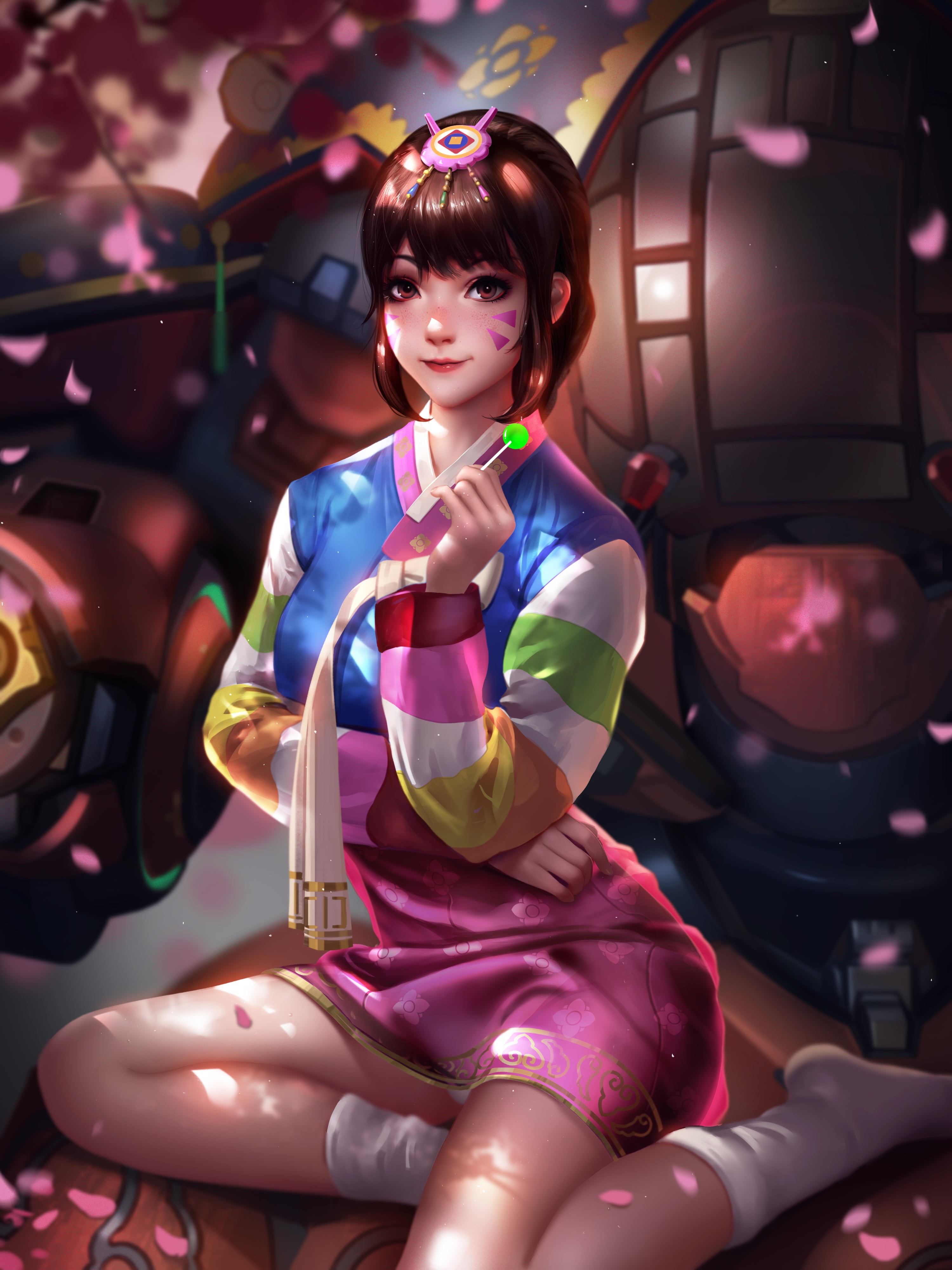 cherry blossom, vertical, smiling, portrait display, sitting, Liang-Xing, freckles, video games, dress, mech, drawing, socks, video game girls, petals, Phone HD Wallpaper