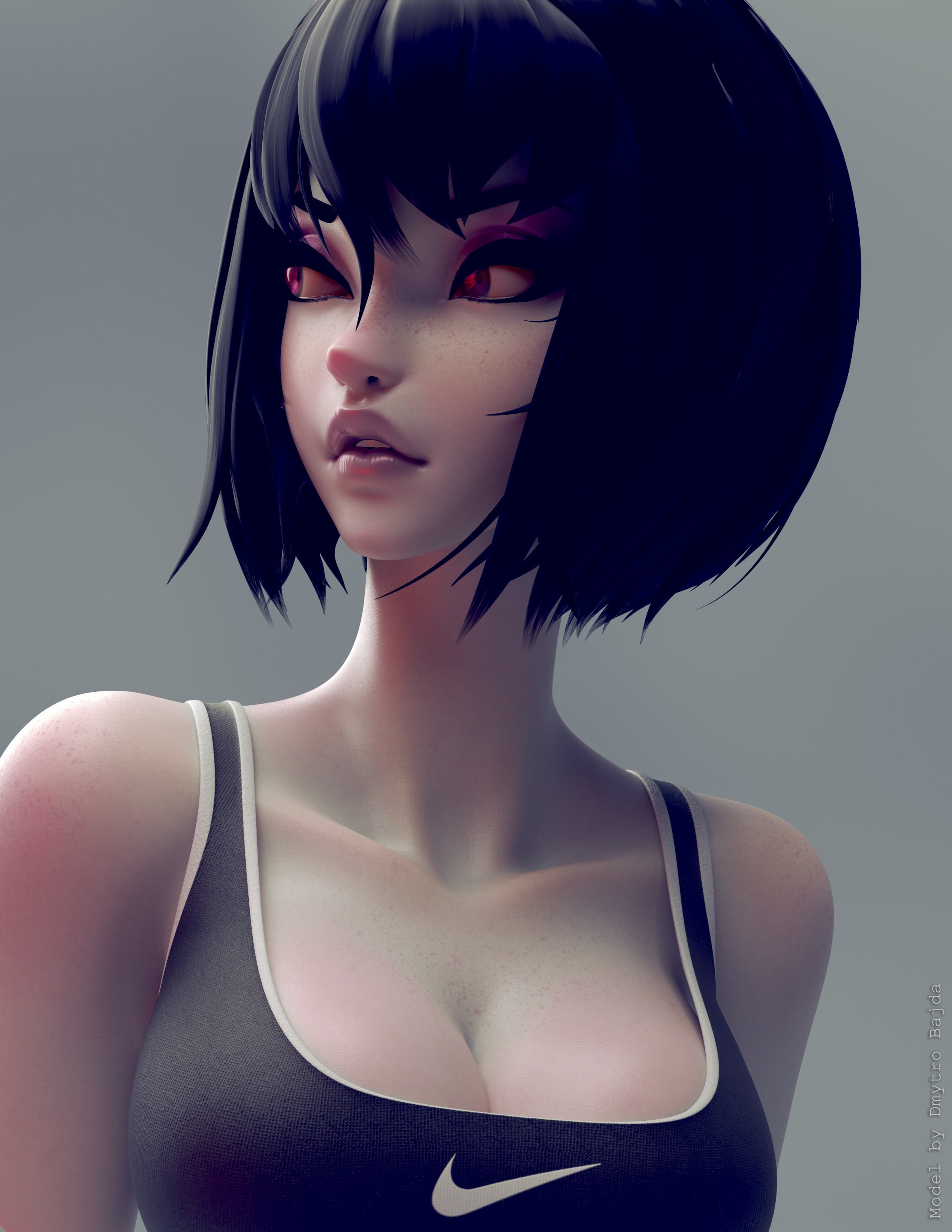 Olivier Couston, dark hair, 2K, looking away, open mouth, short hair, pink eyes, artwork, cleavage, ArtStation, Long Neck, simple background, portrait display, Phone HD Wallpaper