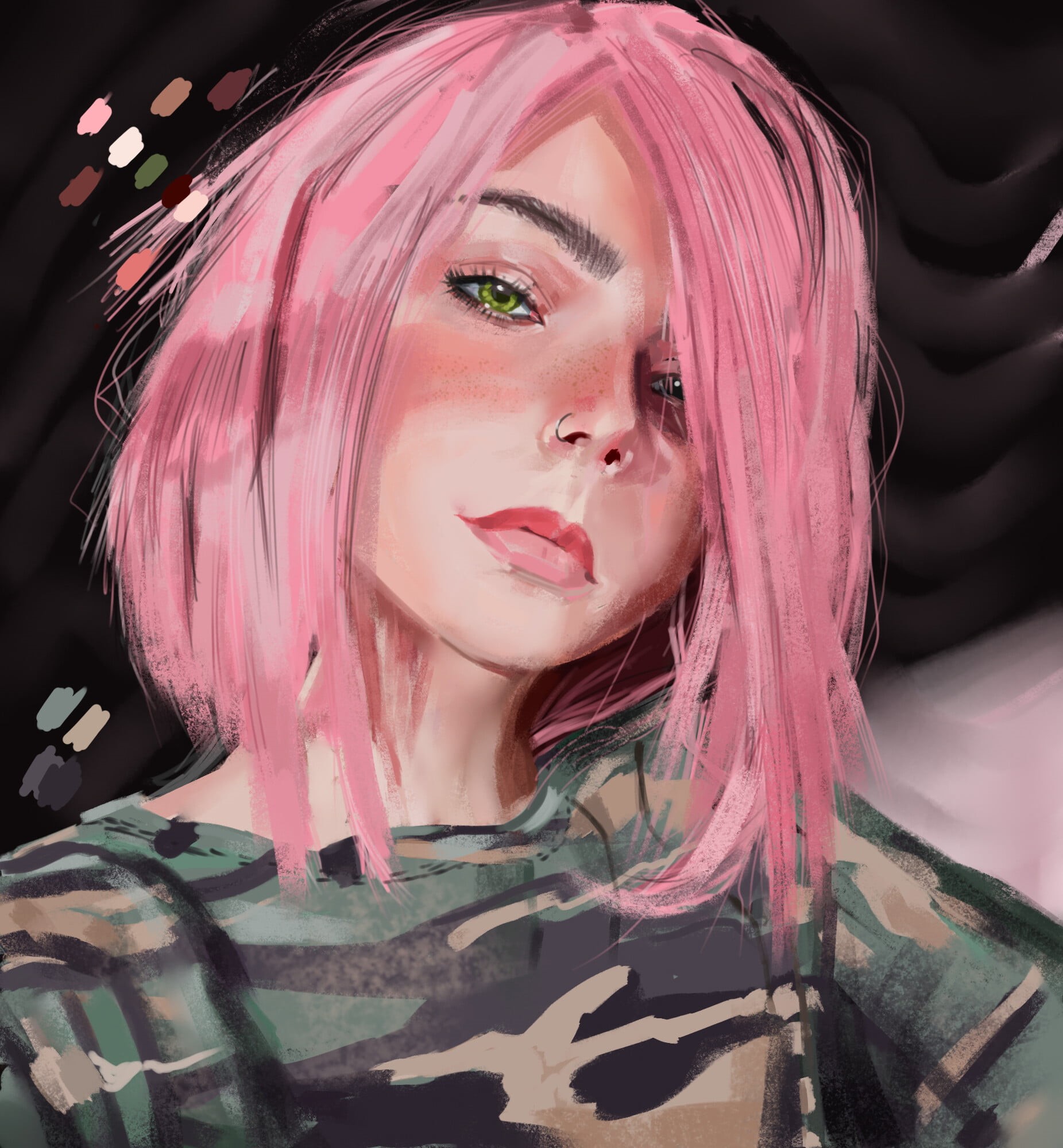 artwork, pink hair, women, portrait, face, short hair, digital art, ArtStation, 1080P, green eyes, looking at viewer, digital painting, Sergey Glazovskiy, Phone HD Wallpaper