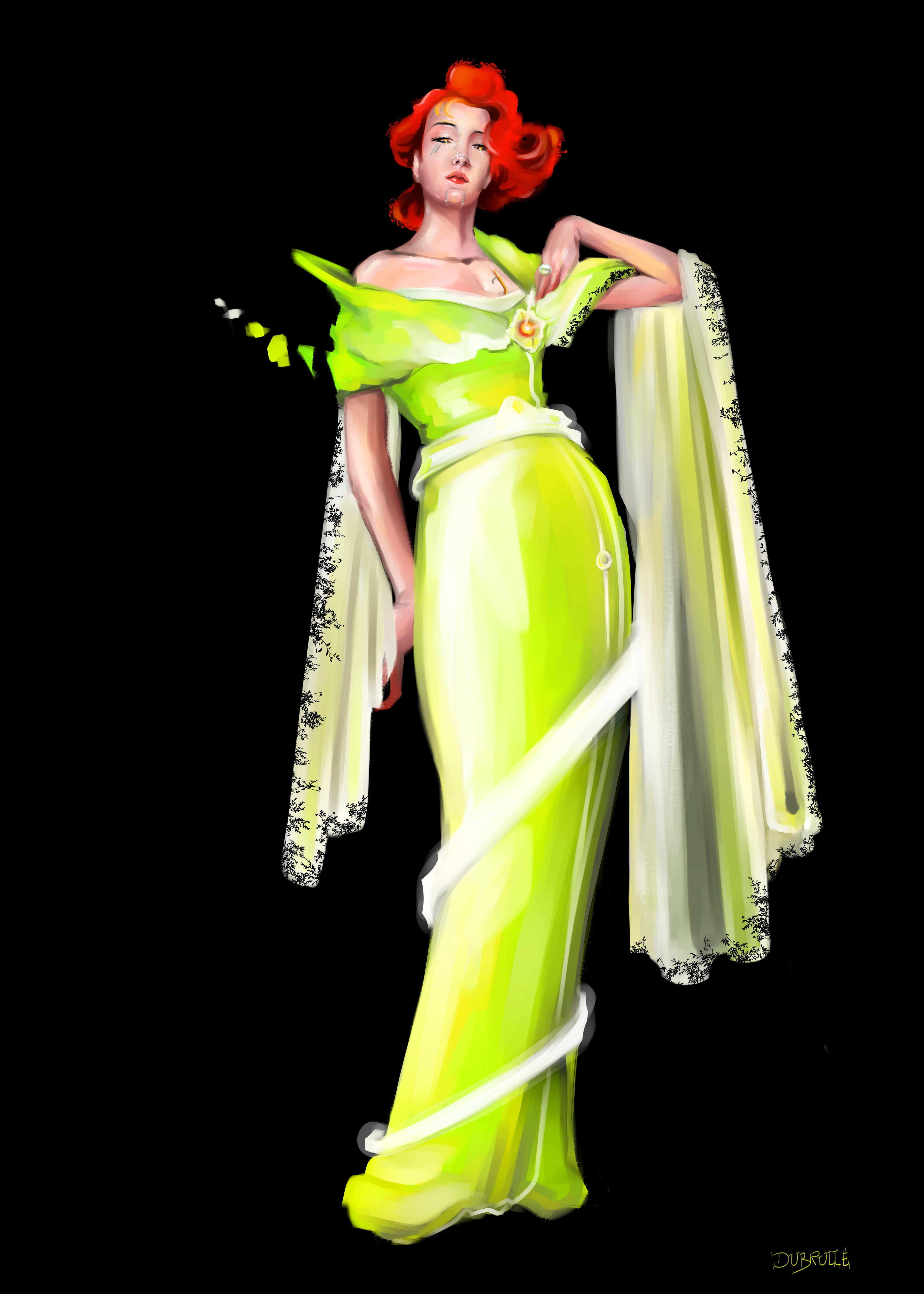 green dress, dress, concept art, video games, young woman, video game art, Cyberpunk 2077, makeup, short hair, standing, hair, fan art, black background, Phone HD Wallpaper
