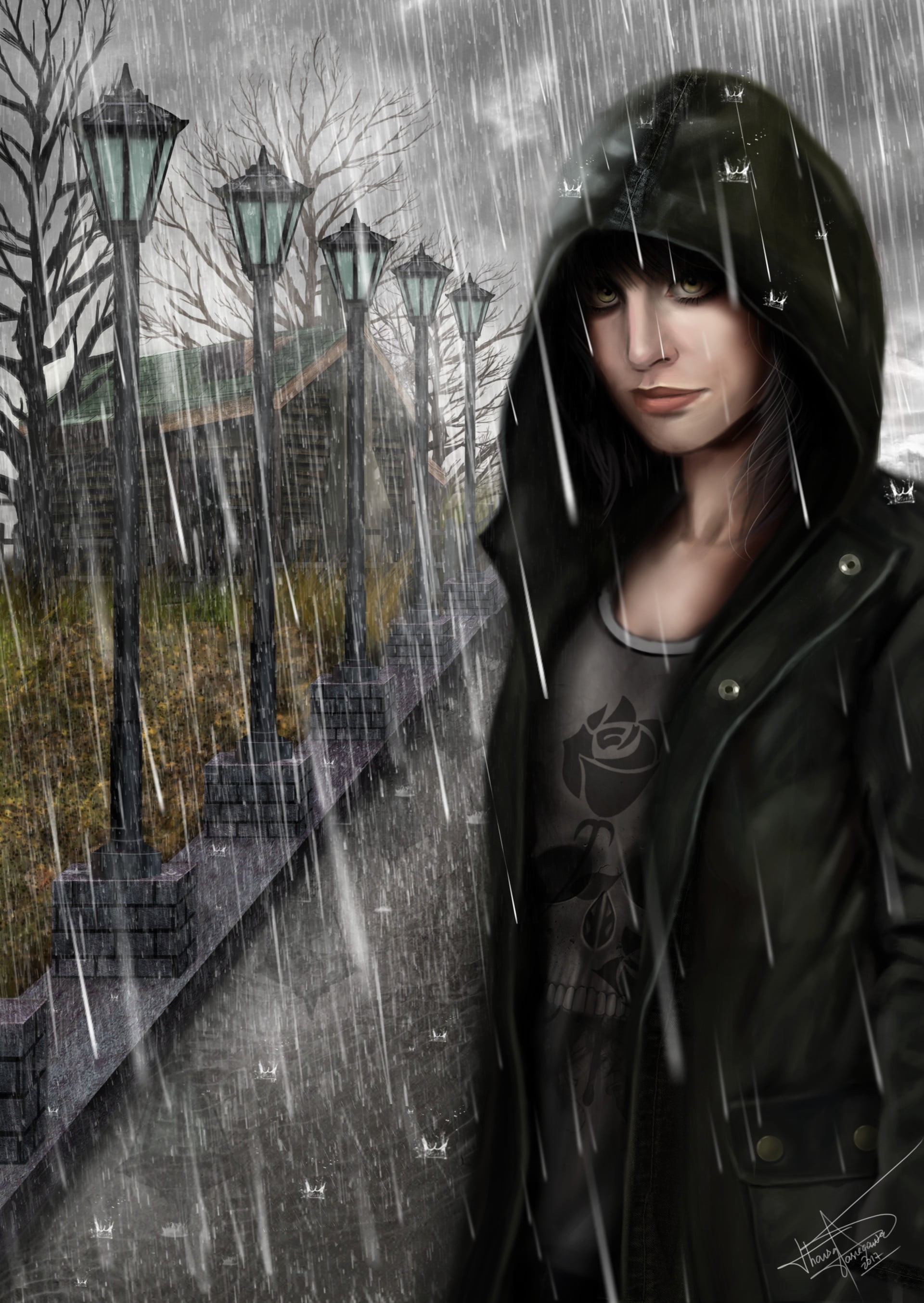 artwork, black clothing, black jackets, green eyes, portrait, short hair, dark hair, portrait display, young woman, looking at viewer, women, ArtStation, Phone HD Wallpaper
