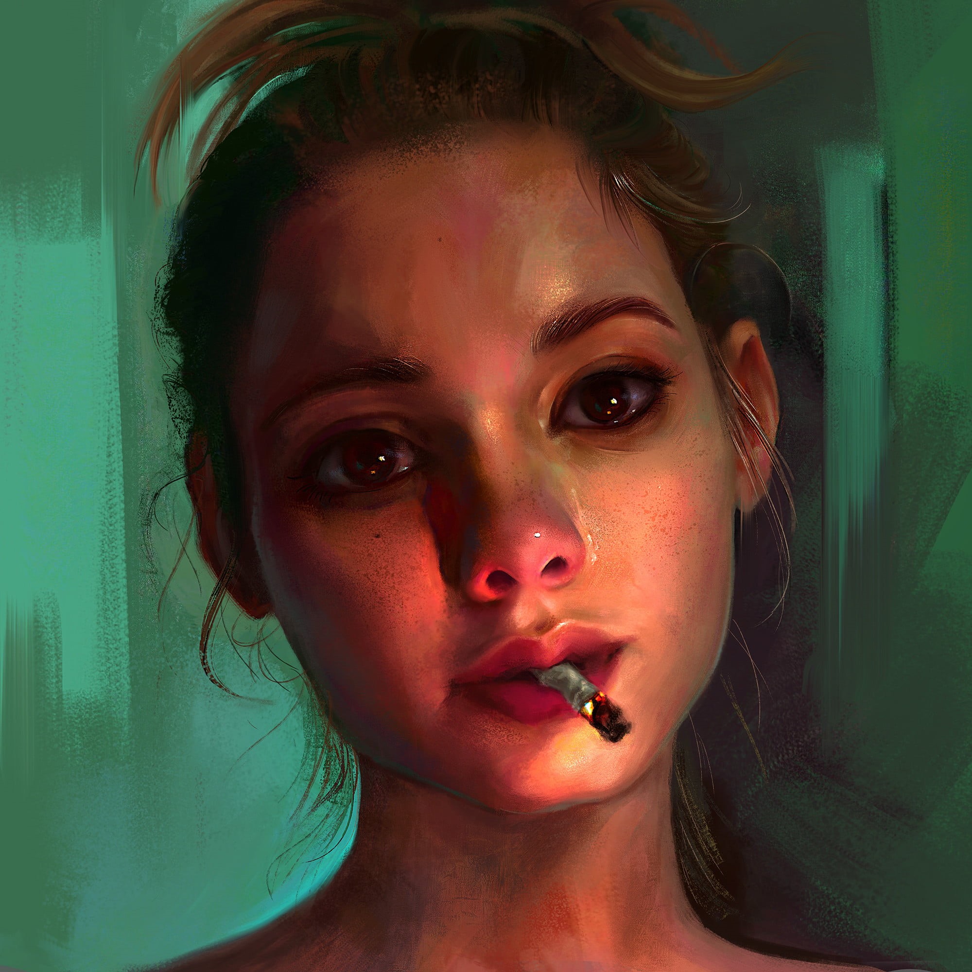 eyes, 1080P, short hair, brown eyes, digital art, young woman, ArtStation, digital painting, smoking, women, Mandy Jurgens, cigarettes, green background, Phone HD Wallpaper