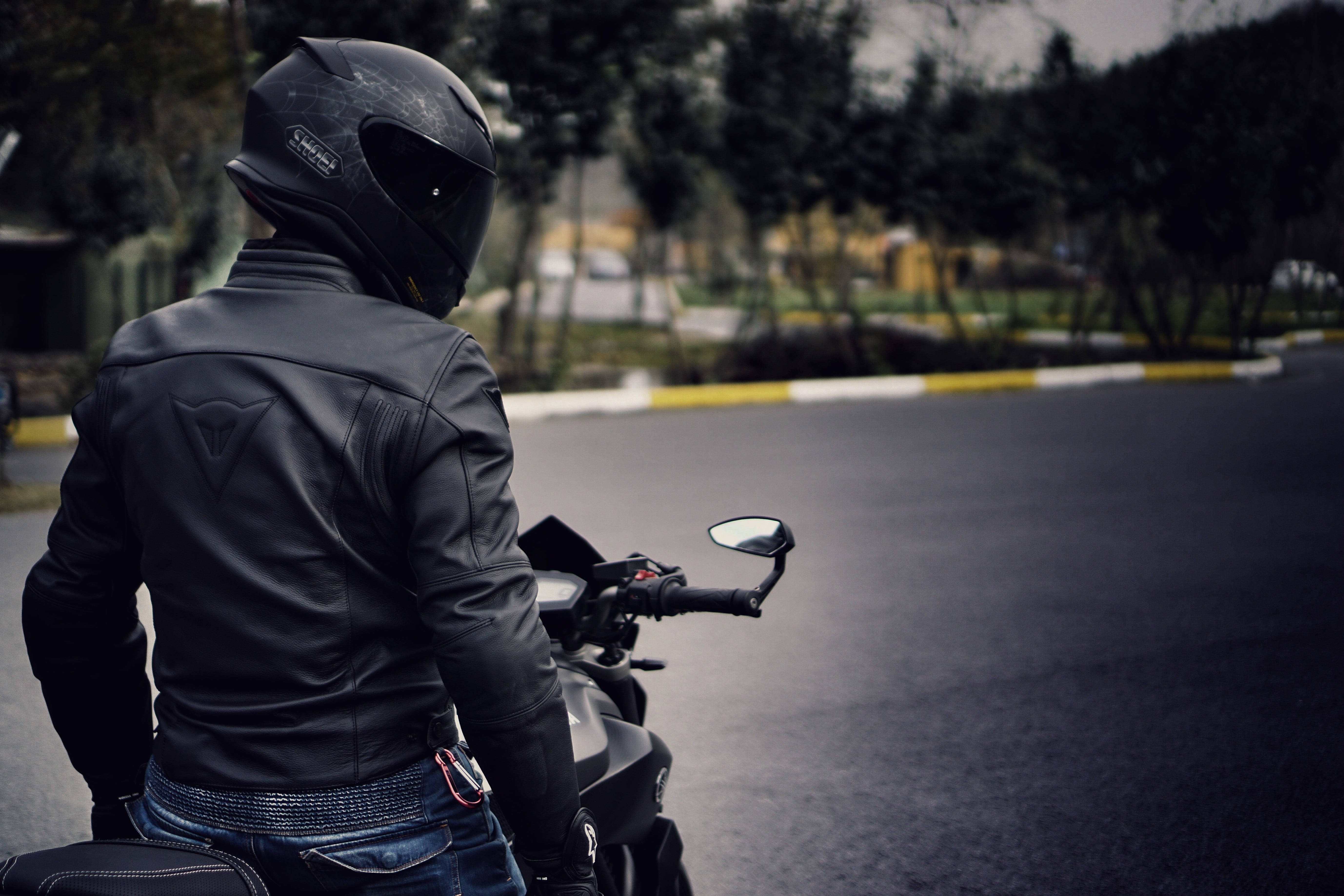 outdoors, leather, Shoei, real people, sport, helmet, Dainese, day, face, biker, headwear, rear view, road, street, leisure activity, clothing, 5K, mode of transportation, HD Wallpaper