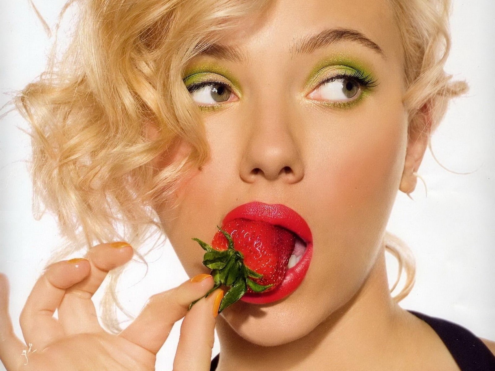 open mouth, 720P, closeup, eyeshadow, red lipstick, blonde, women, Scarlett Johansson, actress, HD Wallpaper