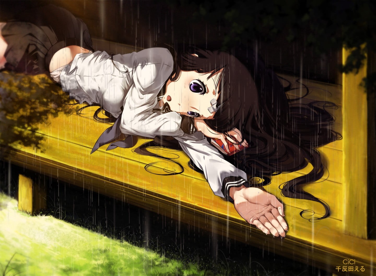 art and craft, purple eyes, mask, Hyouka, costume, sitting, Chitanda Eru, rain, outdoors, real people, anime, fun, nature, one person, representation, unrecognizable person, HD Wallpaper