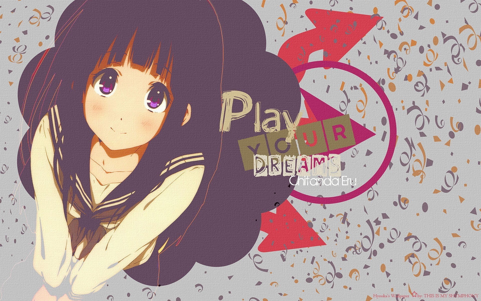 Chitanda Eru, communication, portrait, close-up, text, smiling, art and craft, representation, anime girls, emotion, multi colored, wall - building feature, HD Wallpaper