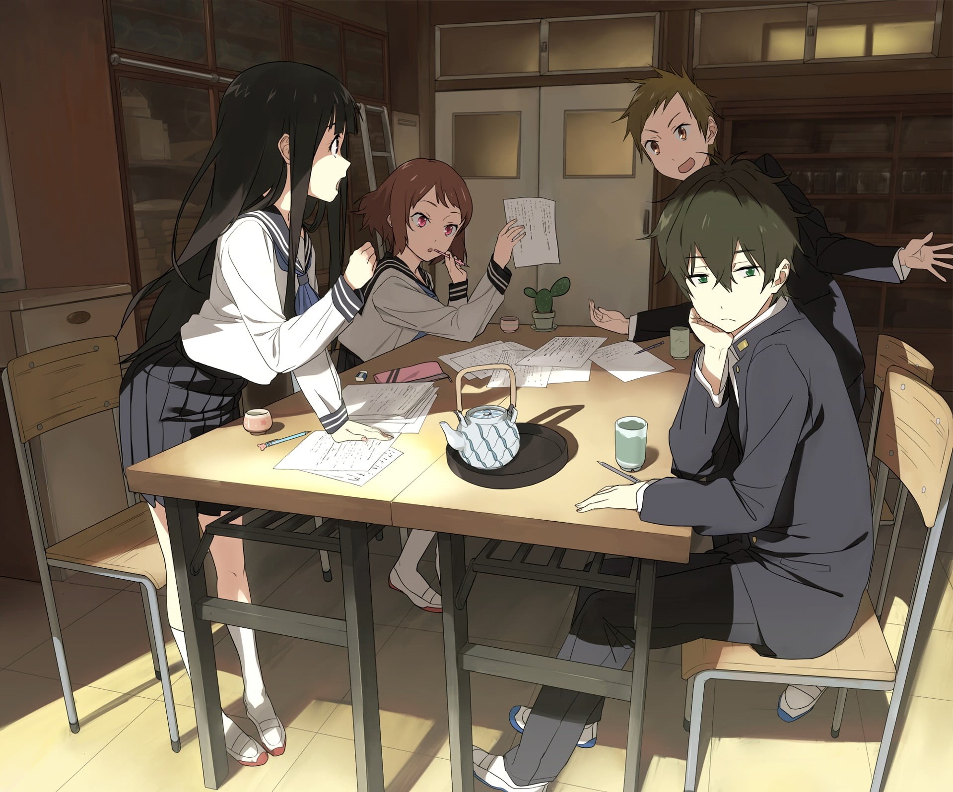Hyouka, desk, 1080P, real people, people, table, males, front view, Chitanda Eru, men, Oreki Houtarou, lifestyles, seat, sitting, Fukube Satoshi, lighting equipment, HD Wallpaper