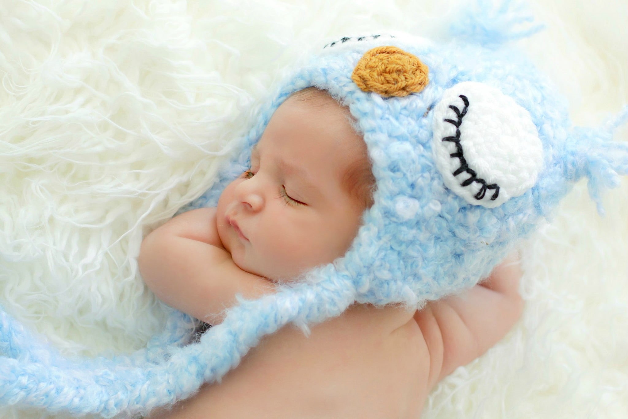 baby Girls, beautiful, white, comfortable, softness, human body part, 1080P, newborn, human Face, shower cap, knit, fun, lying Down, eyes closed, relaxation, HD Wallpaper