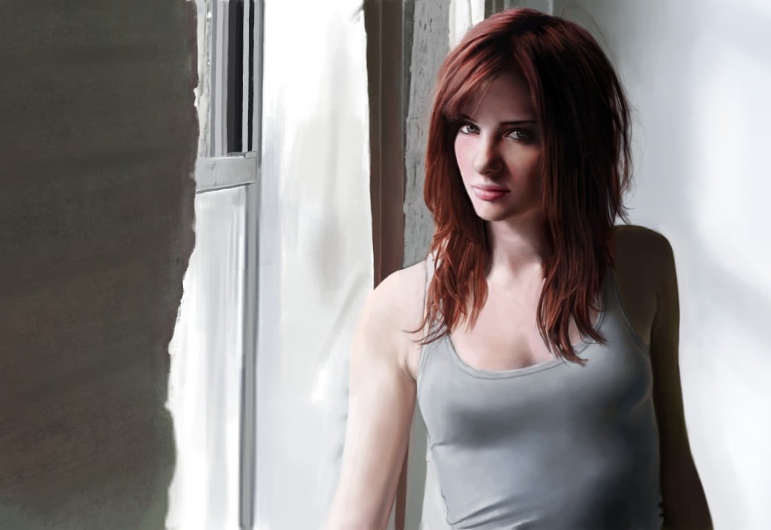 looking at camera, young adult, redhead, tank, hair, top, beautiful woman, adult, long hair, gray, looking at viewer, front view, brown hair, women, waist up, HD Wallpaper