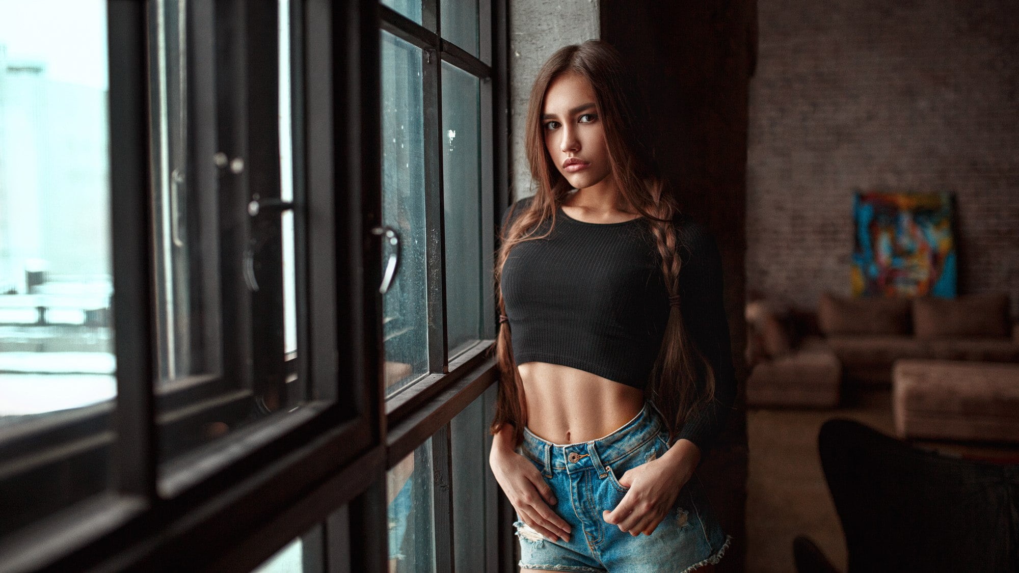 portrait, healthy lifestyle, hairstyle, belly, window, juicy lips, young women, brown eyes, lifestyles, exercising, adult, Anastasia Lis, brown hair, Kirill Rogozhkin, HD Wallpaper