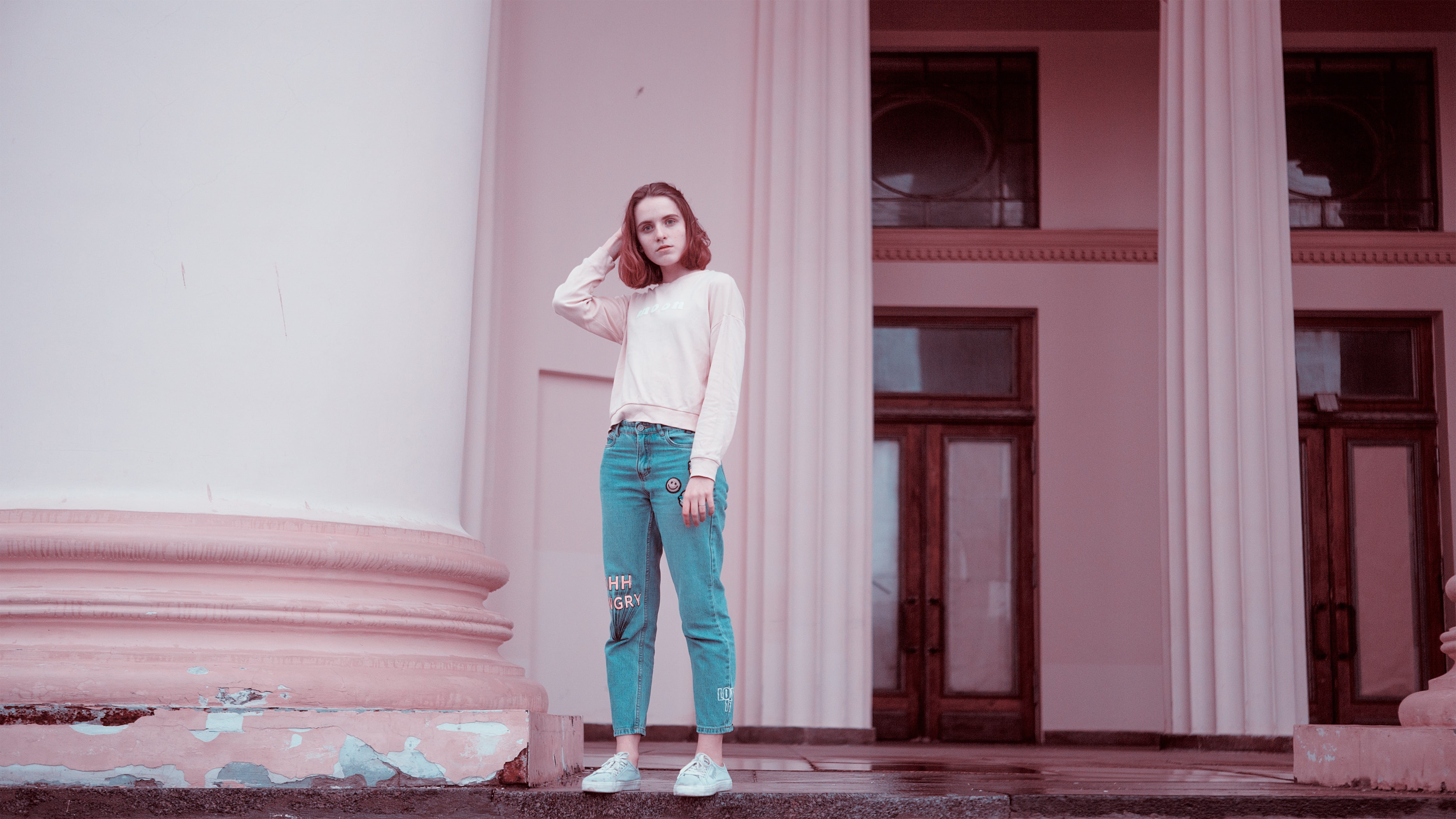 eyes, view, krasivyelûdi, enea, built structure, female, casual clothing, photograph, lifestyles, model, body, woman, one woman only, sweatshirt, standing, HD Wallpaper
