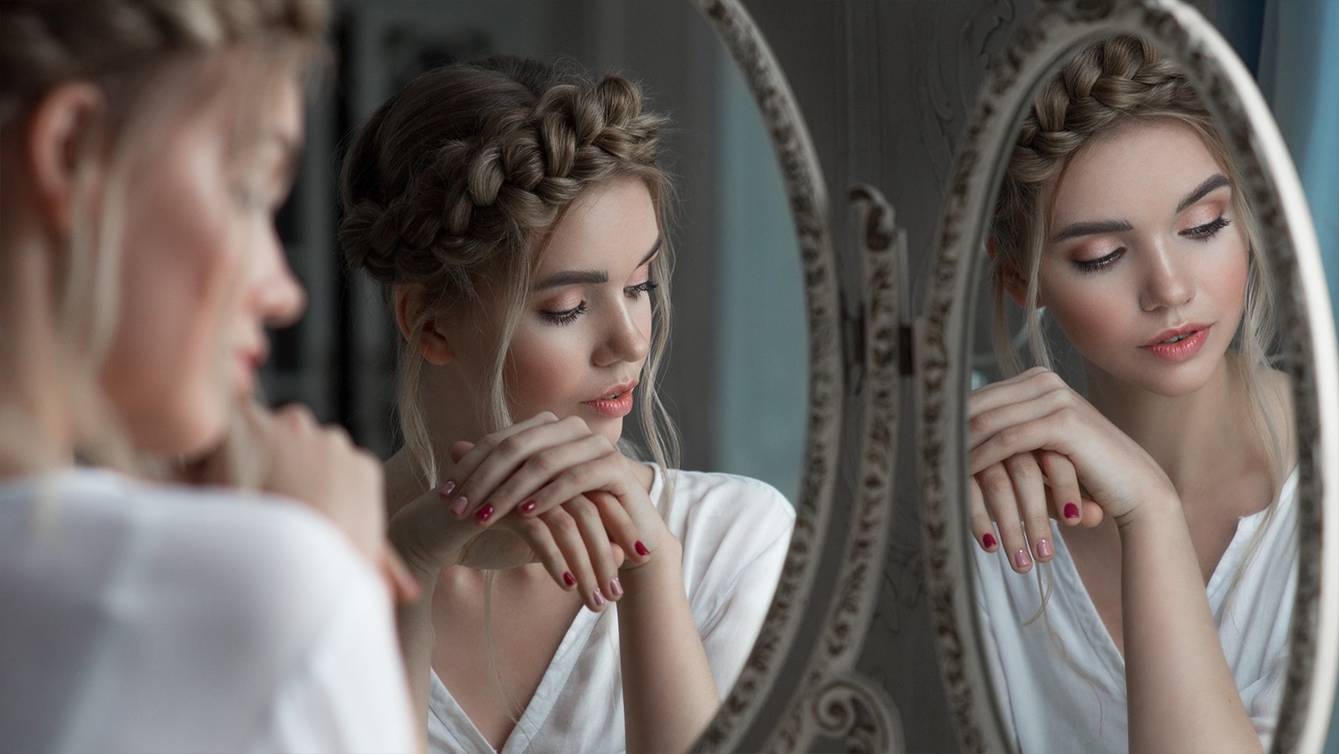 white tops, mirror, 1080P, painted nails, Katya Kotaro, portrait, face, women, reflection, makeup, HD Wallpaper