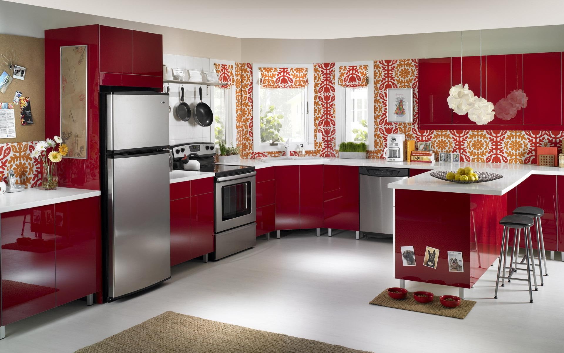 white, 1080P, island, furniture, kitchen, refrigerator, photography, red, design, house, grey, 1920x1200, top, mount, counter, HD Wallpaper