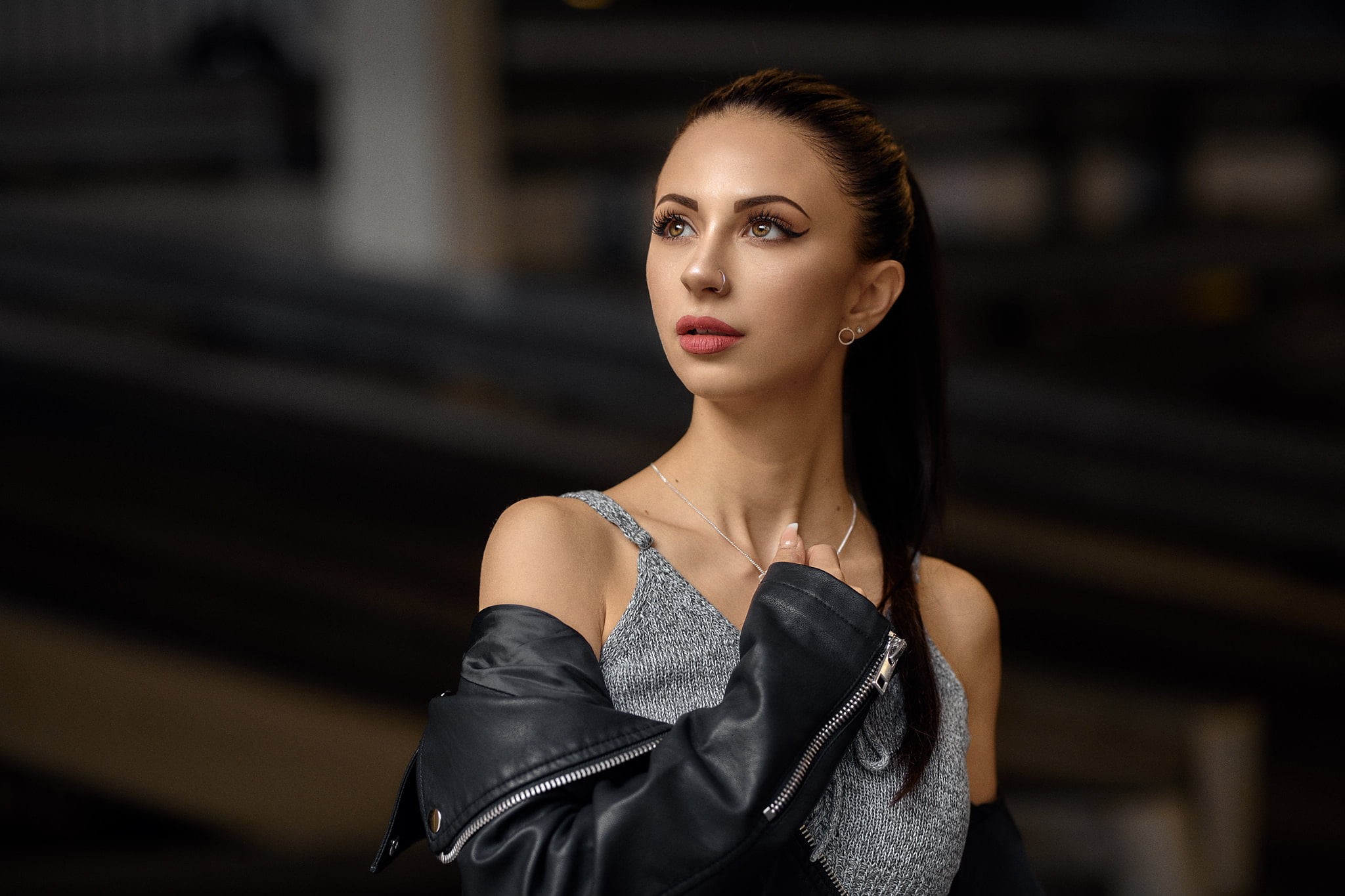 beautiful woman, nose ring, bare shoulders, dress, young women, hairstyle, one person, 1080P, hair, elegance, focus on foreground, beautiful people, portrait, HD Wallpaper