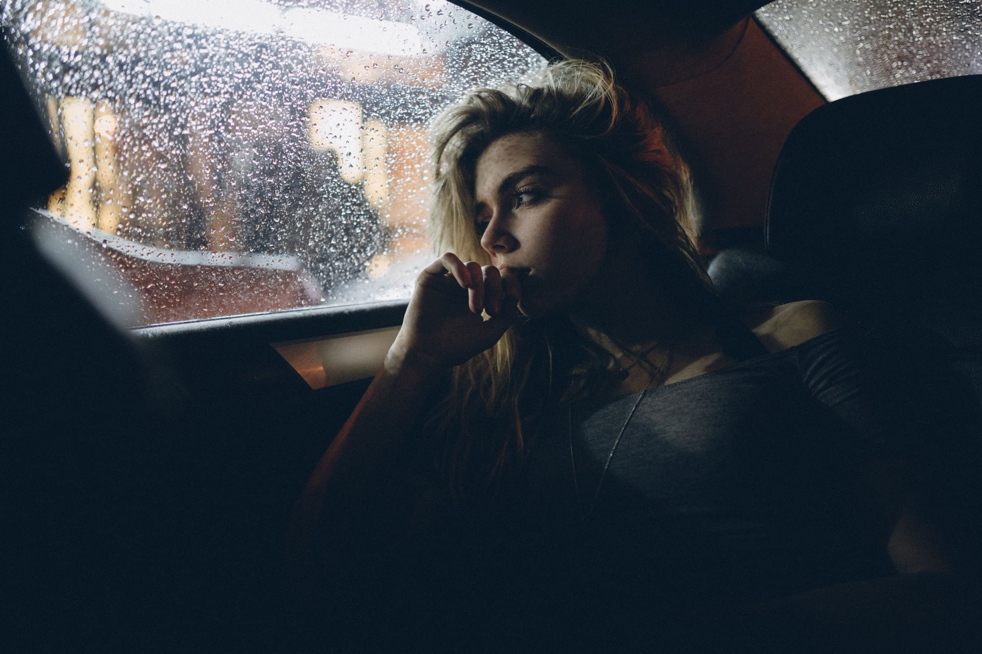 rain, blonde, looking out window, women with cars, grey tops, thinking, women, 1080P, long hair, Rob Sese, HD Wallpaper