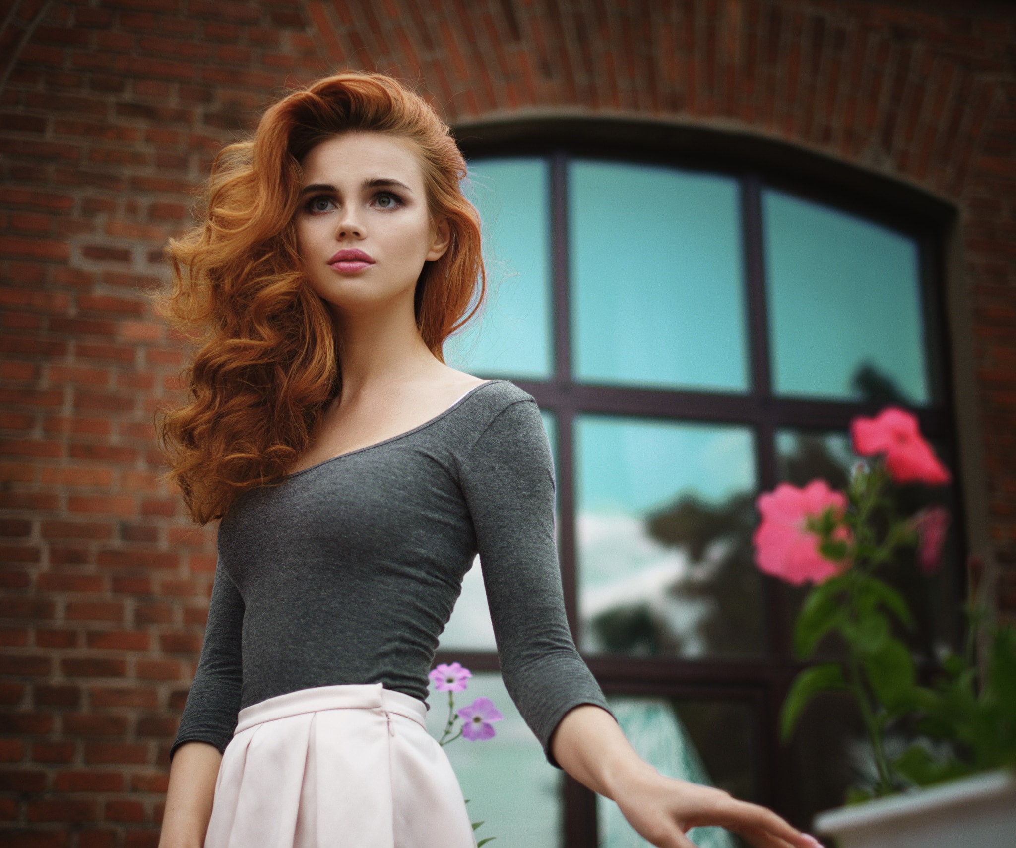 redhead, women, flowers, blue eyes, skirt, 1080P, looking into the distance, Ilya Varivchenko, grey tops, HD Wallpaper
