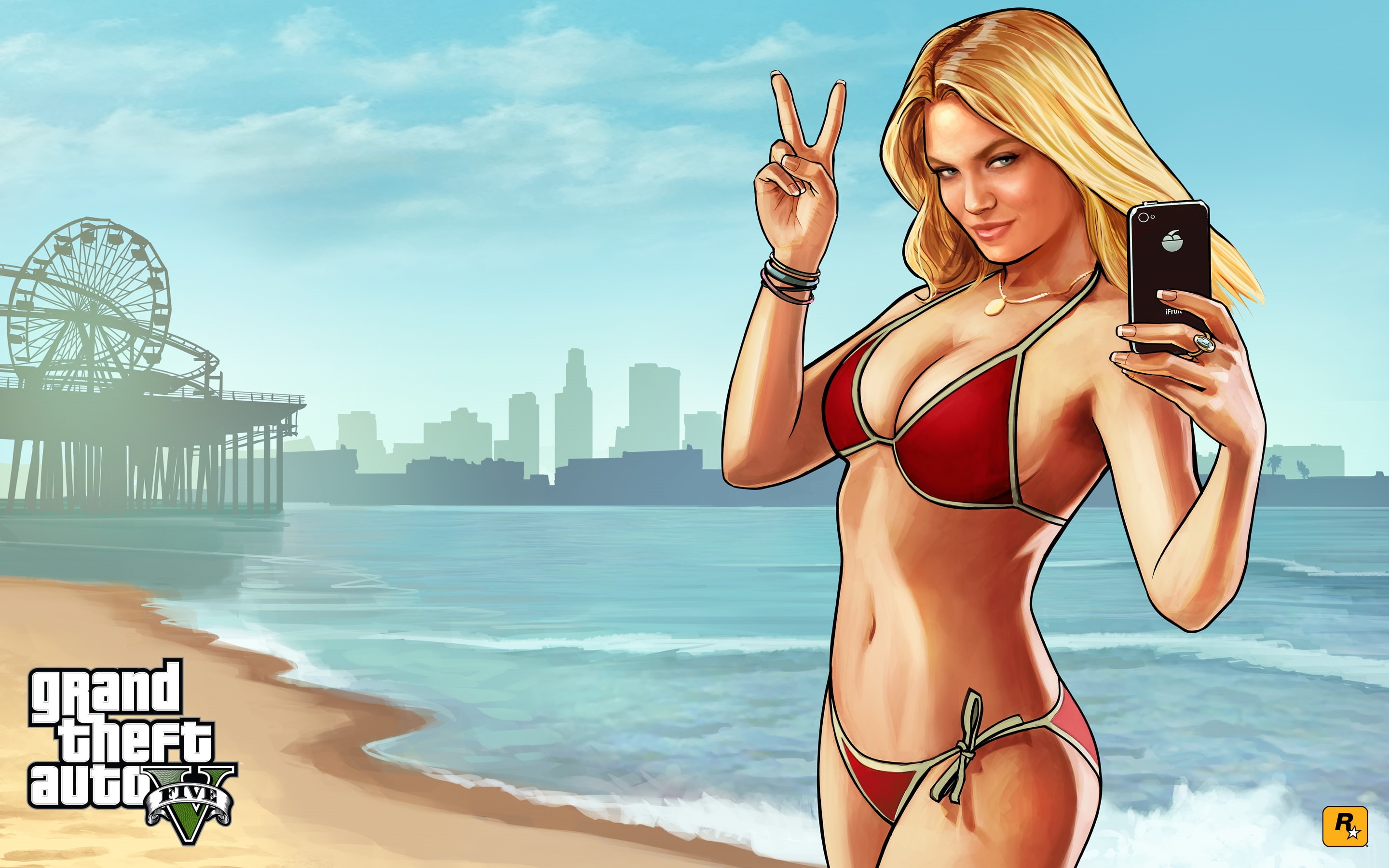 Santa Maria, beach, Grand Theft Auto V, girl, 2K, sea, Los Angeles, gta5, HD Wallpaper