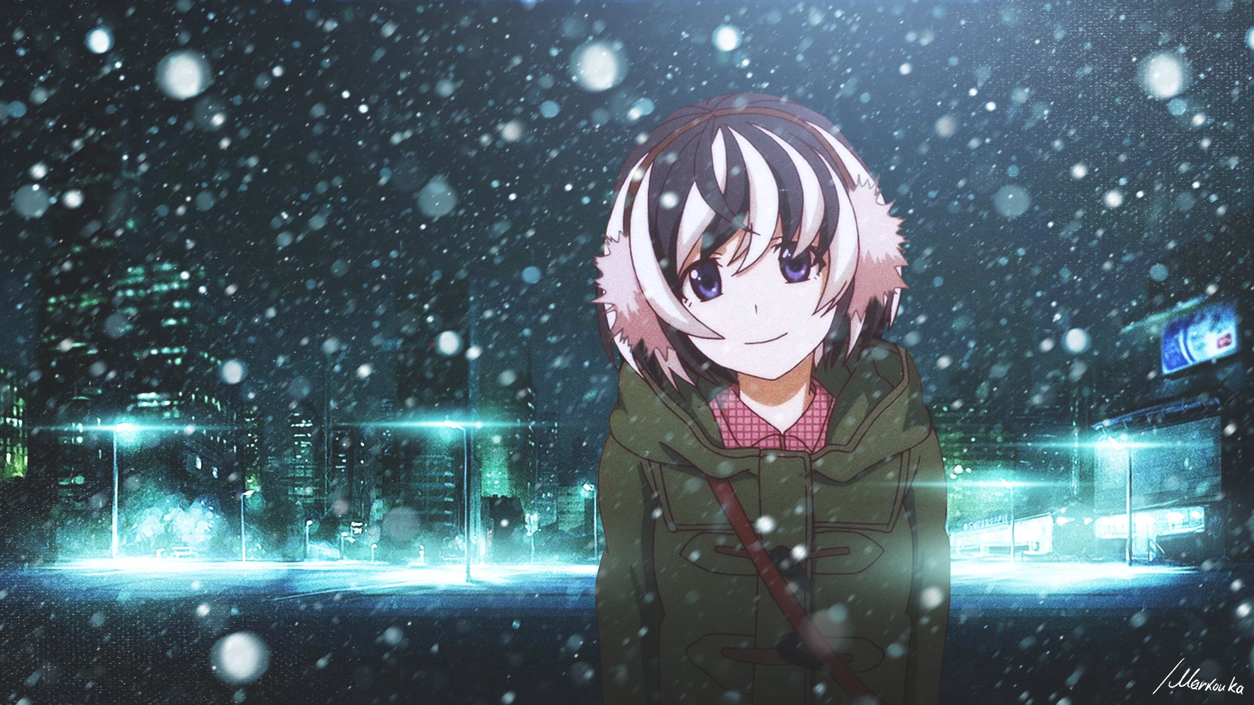 Hanekawa Tsubasa, innocence, real people, snowing, green, cold temperature, one person, full, outdoors, snow, portrait, jacket, clothing, standing, night, HD Wallpaper